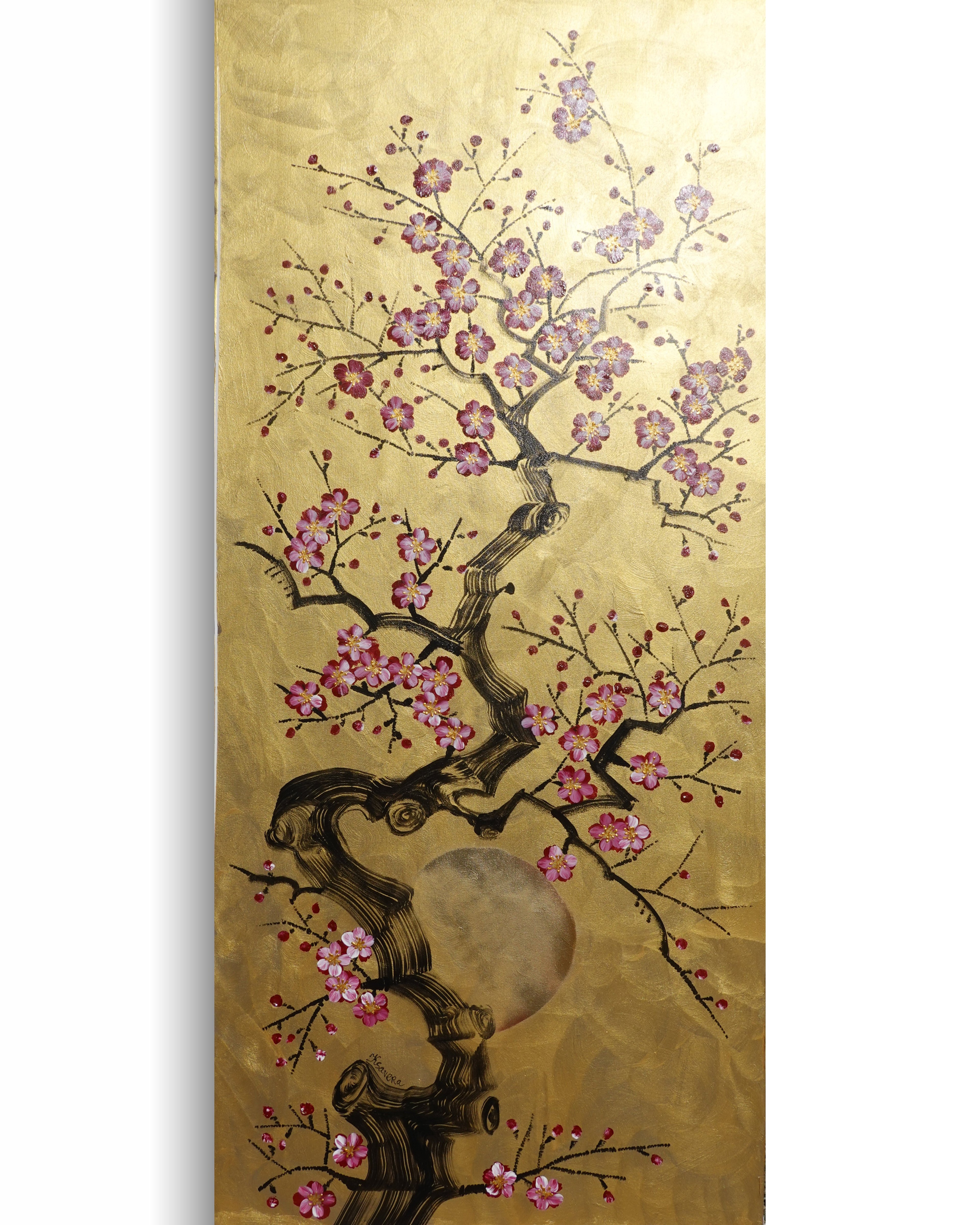 Cherry blossoms J483 — gold Japanese Painting | Large Acrylic on Canvas | Ksavera