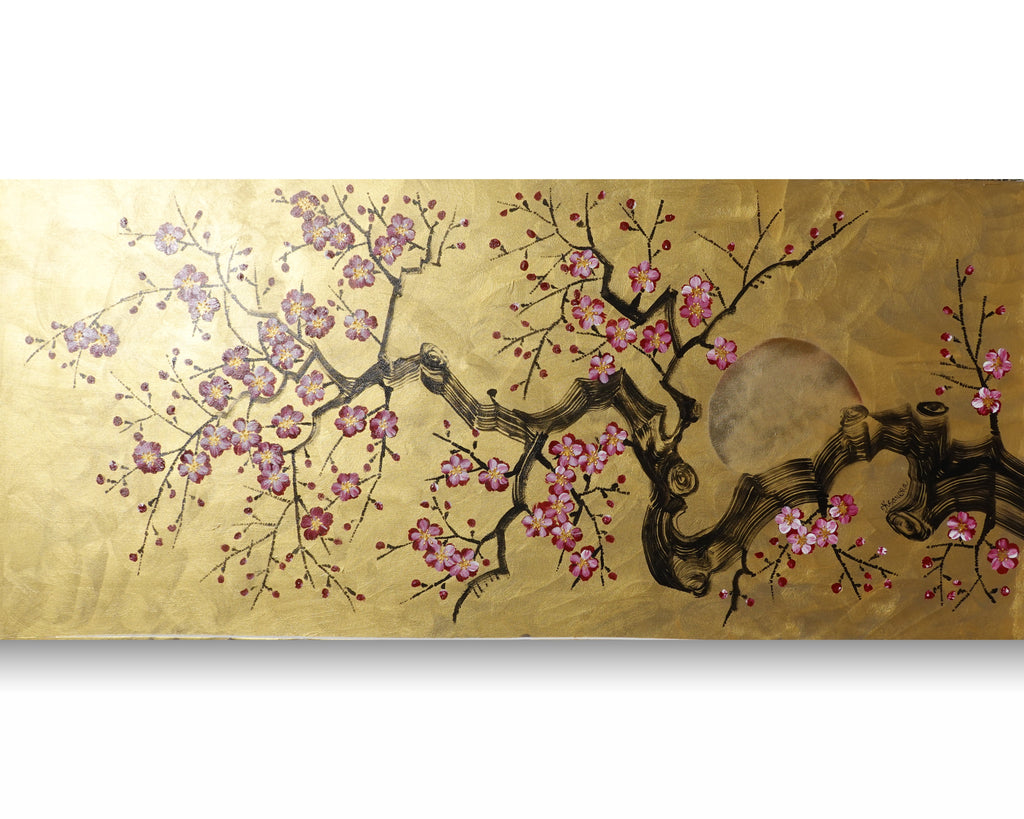 Kirschblüten J483 — Gold Japanische Malerei | Großes Acrylbild auf Leinwand | Ksavera