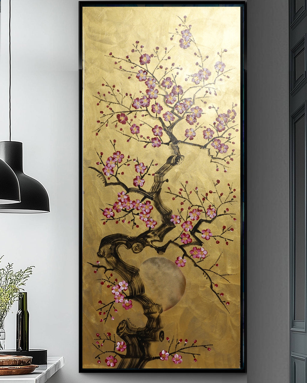 Kirschblüten J483 — Gold Japanische Malerei | Großes Acrylbild auf Leinwand | Ksavera
