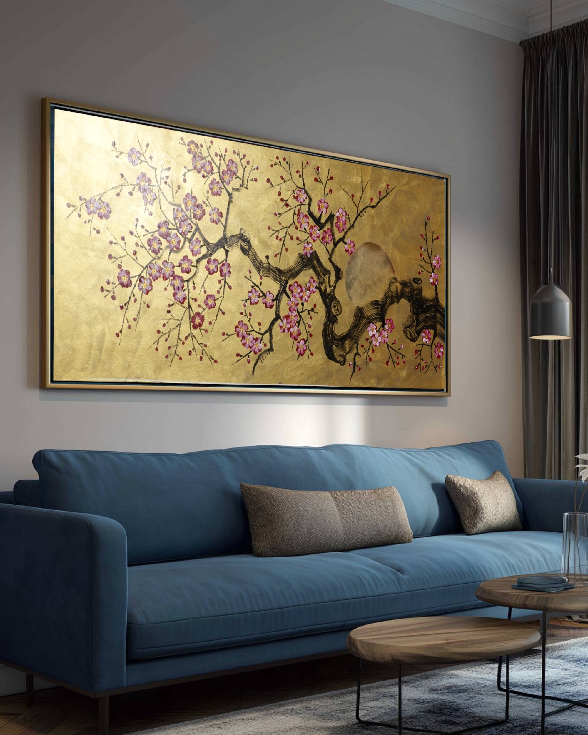 Kirschblüten J483 — Gold Japanische Malerei | Großes Acrylbild auf Leinwand | Ksavera