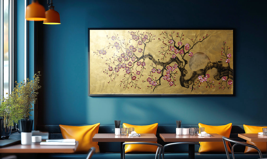 Kirschblüten J483 — Gold Japanische Malerei | Großes Acrylbild auf Leinwand | Ksavera