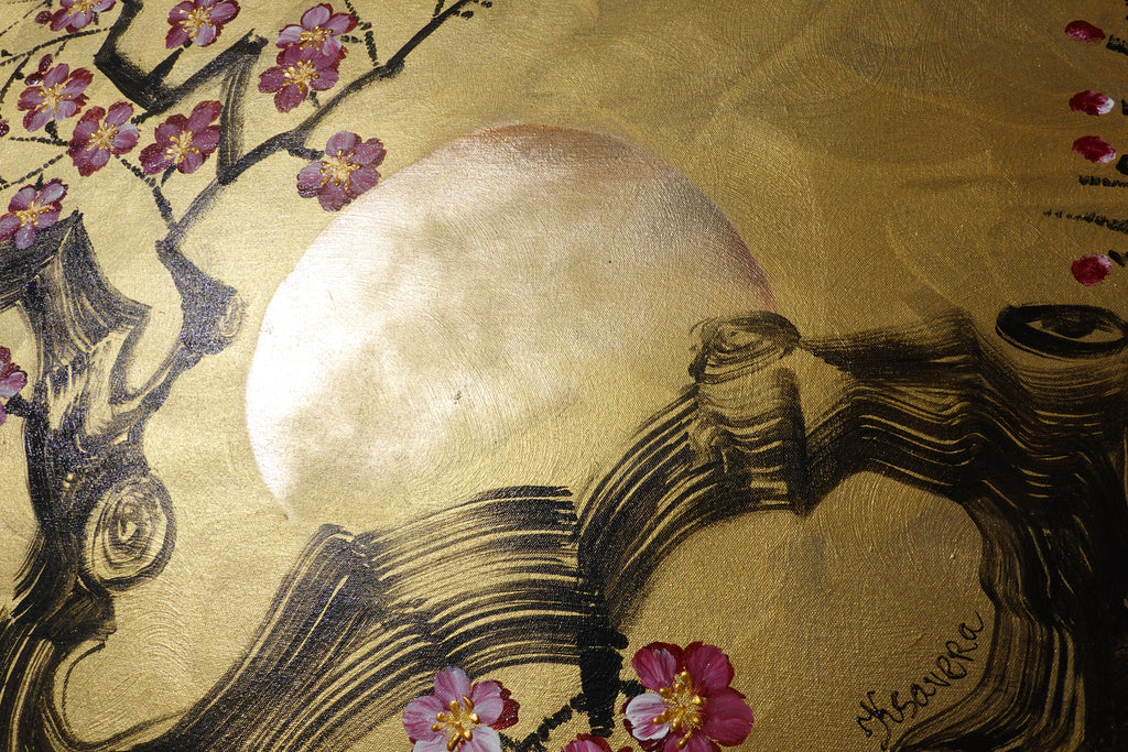 Kirschblüten J483 — Gold Japanische Malerei | Großes Acrylbild auf Leinwand | Ksavera