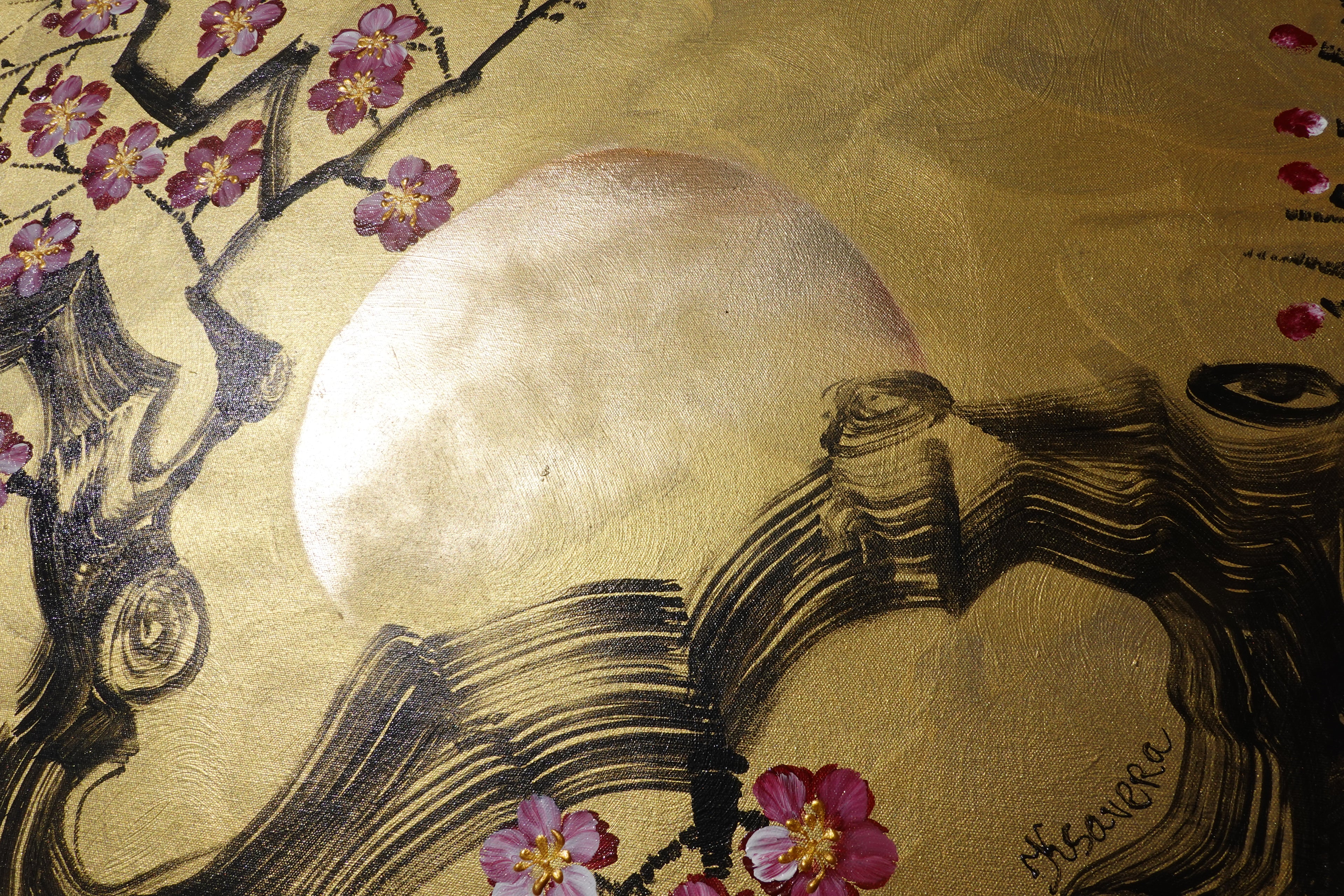 Cherry blossoms J483 — gold Japanese Painting | Large Acrylic on Canvas | Ksavera