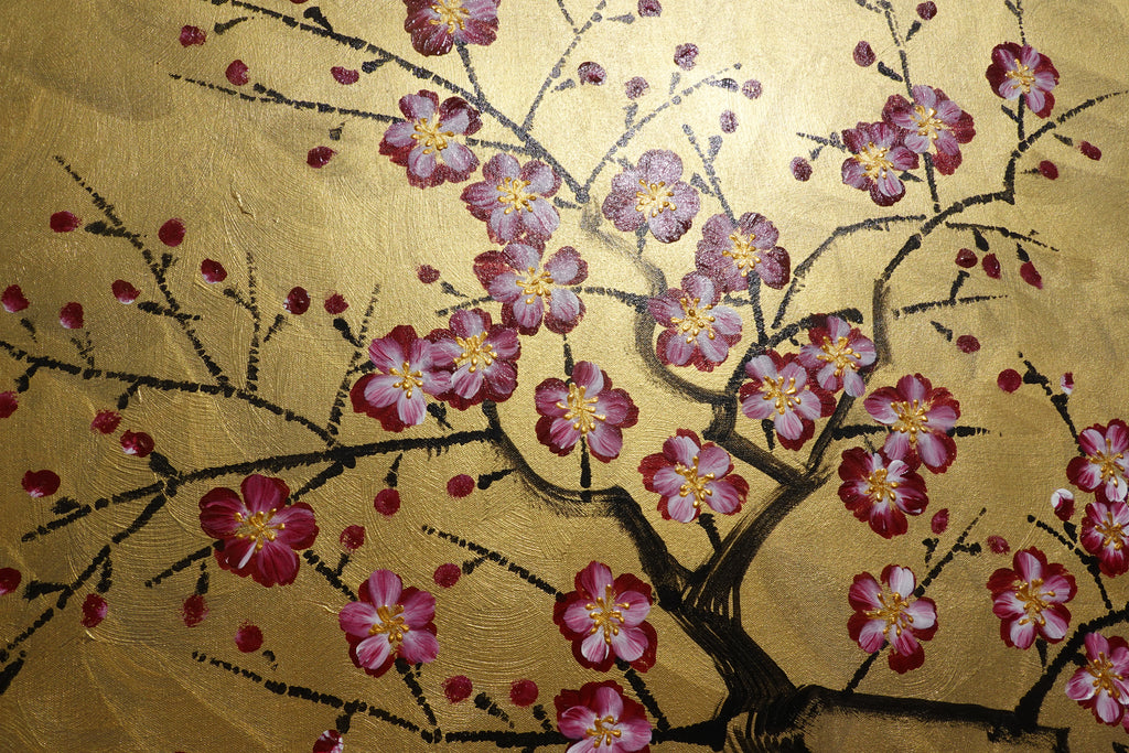 Kirschblüten J483 — Gold Japanische Malerei | Großes Acrylbild auf Leinwand | Ksavera