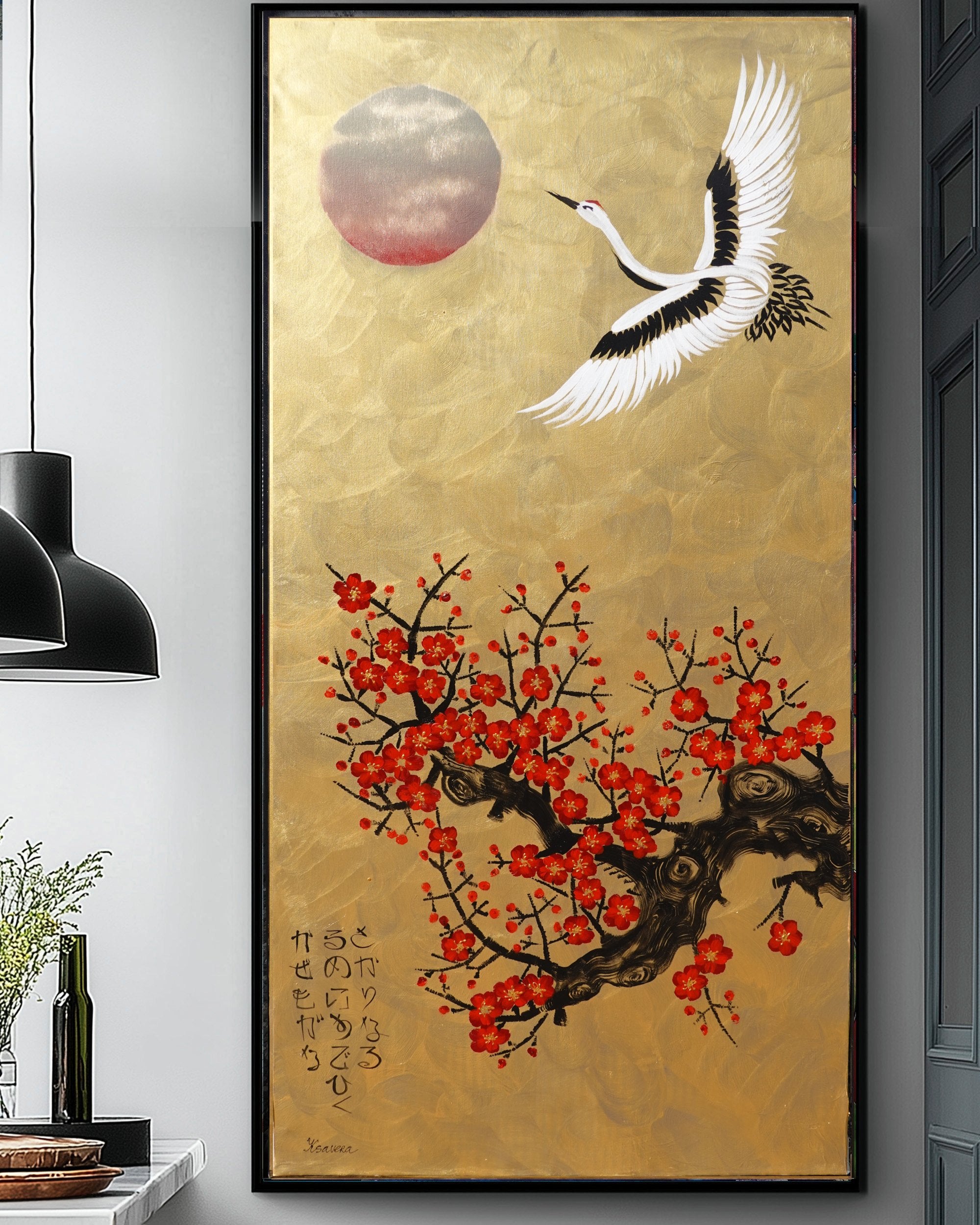 Crane and sakura J484 is a large-scale Japanese-inspired gold Original Acrylic Painting on unstretched canvas by artist Ksavera