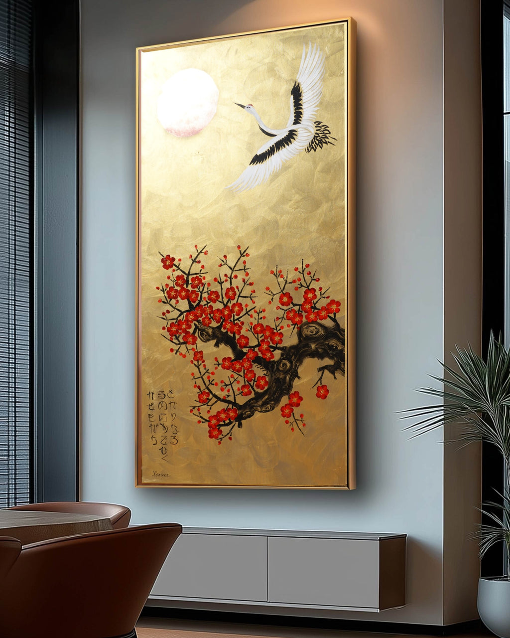 Crane and sakura J484 is a large-scale Japanese-inspired gold Original Acrylic Painting on unstretched canvas by artist Ksaverav