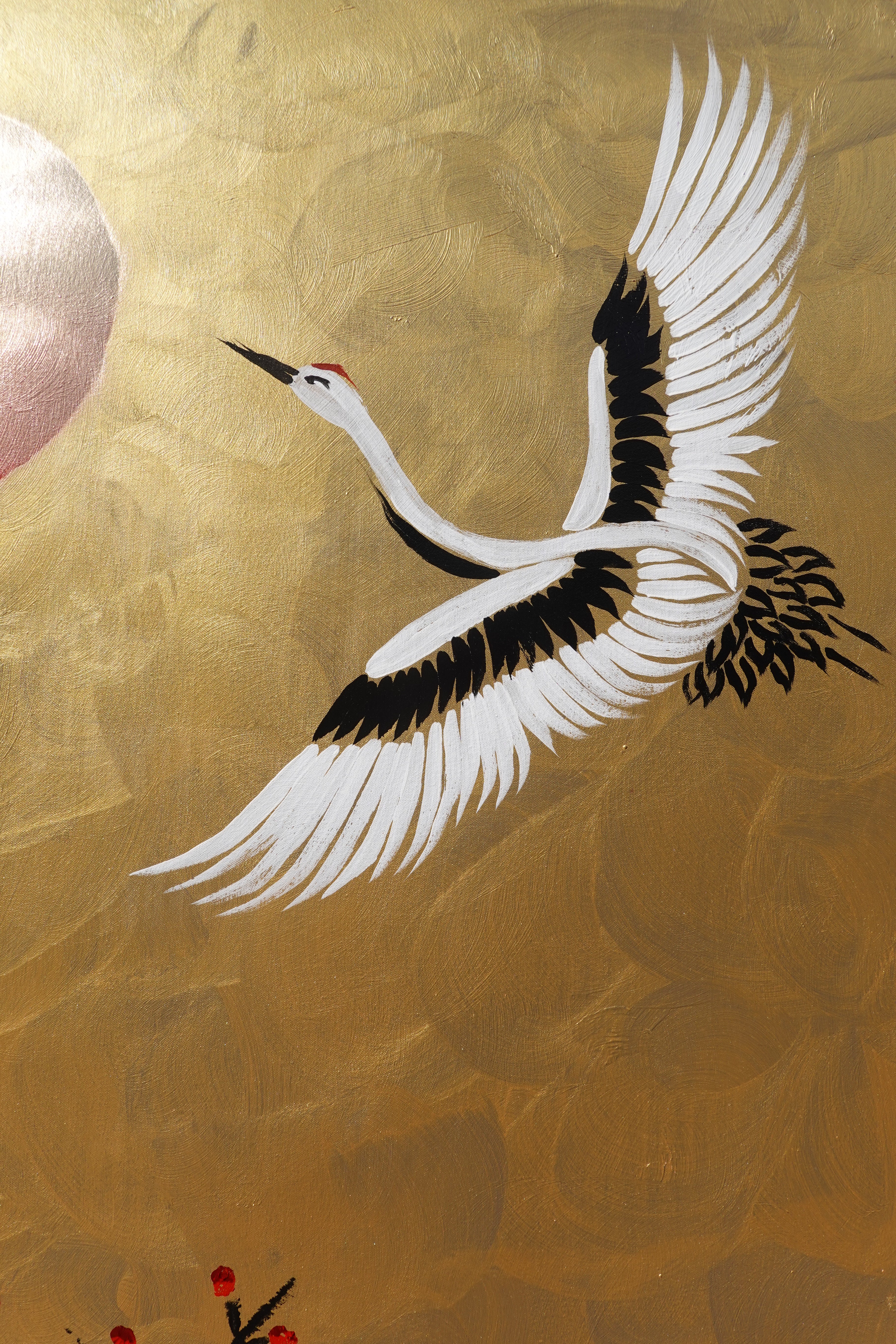 Crane and sakura J484 is a large-scale Japanese-inspired gold Original Acrylic Painting on unstretched canvas by artist Ksavera