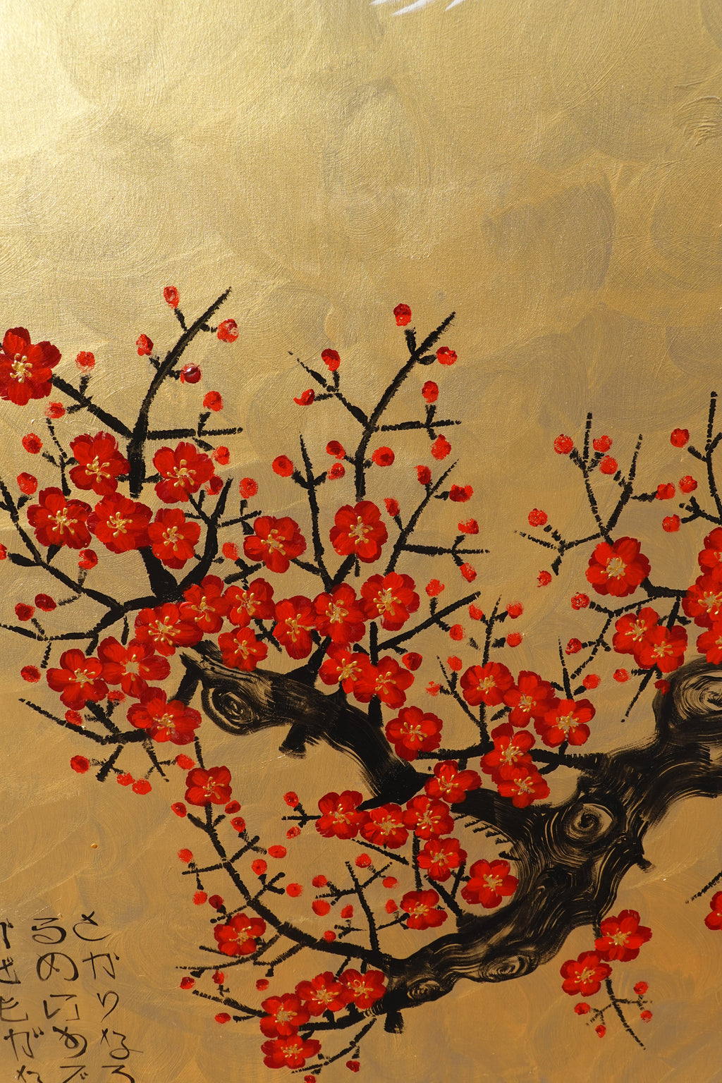 Crane and sakura J484 is a large-scale Japanese-inspired gold Original Acrylic Painting on unstretched canvas by artist Ksavera