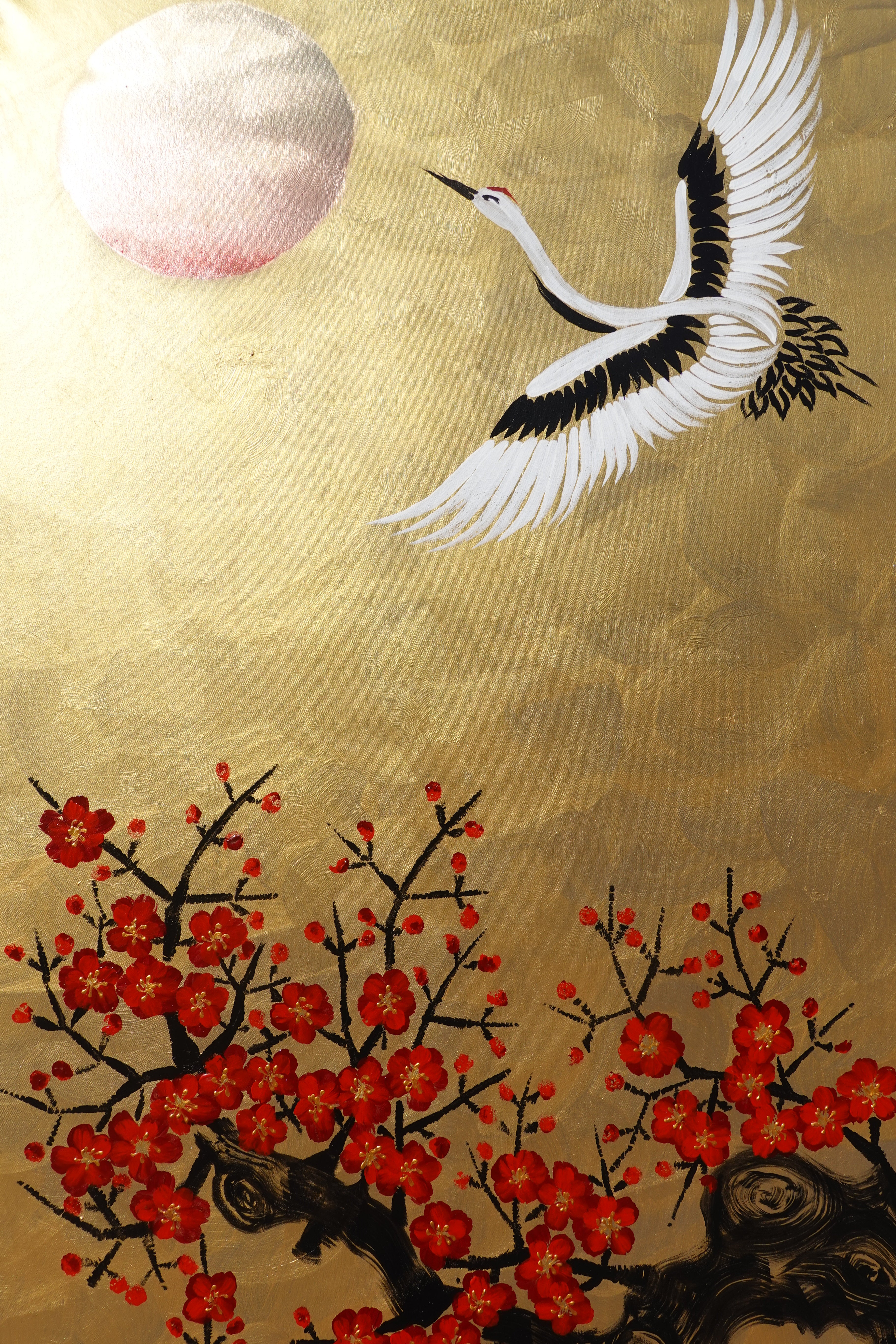Crane and sakura J484 is a large-scale Japanese-inspired gold Original Acrylic Painting on unstretched canvas by artist Ksavera