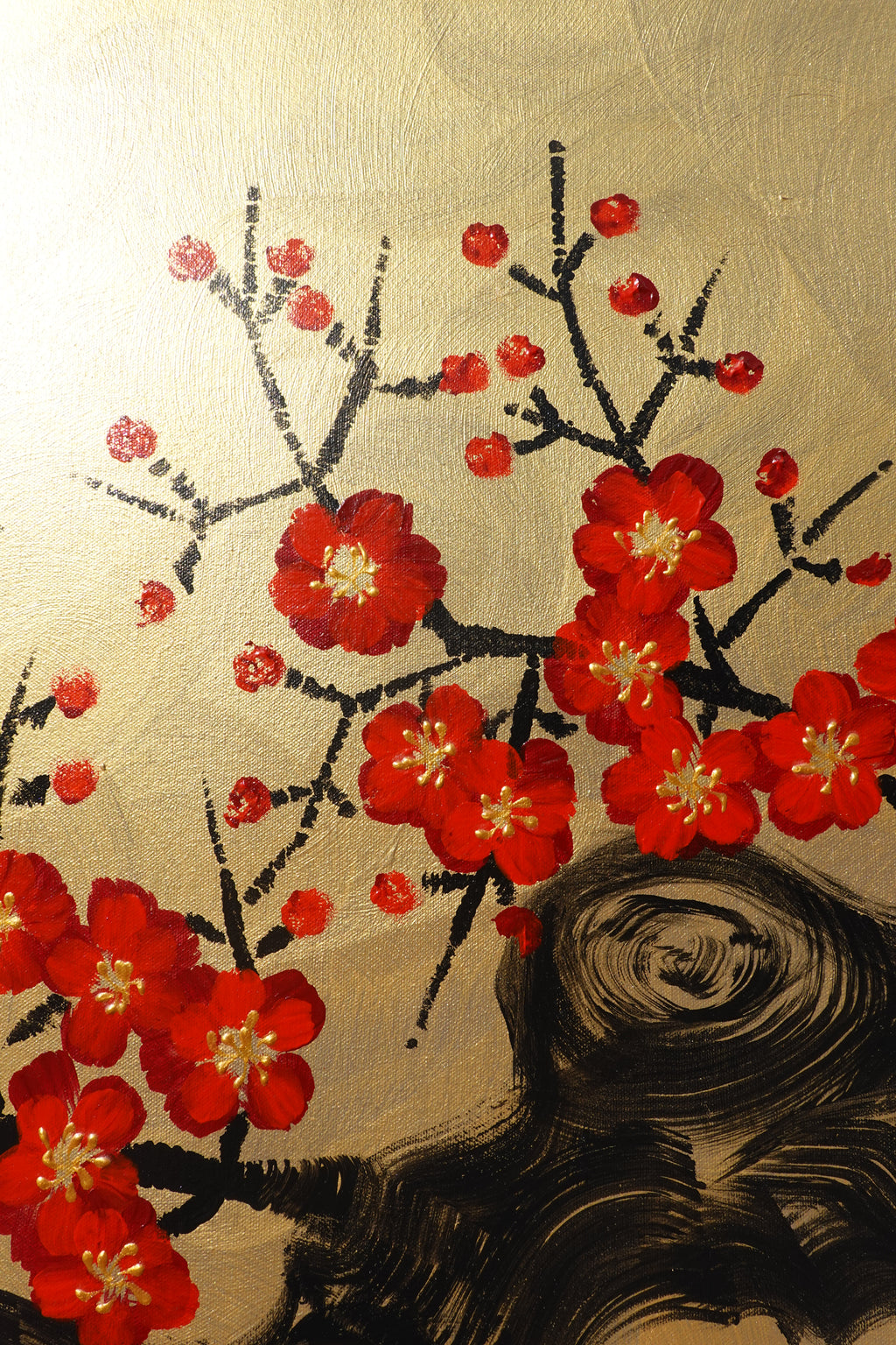 Crane and sakura J484 is a large-scale Japanese-inspired gold Original Acrylic Painting on unstretched canvas by artist Ksavera
