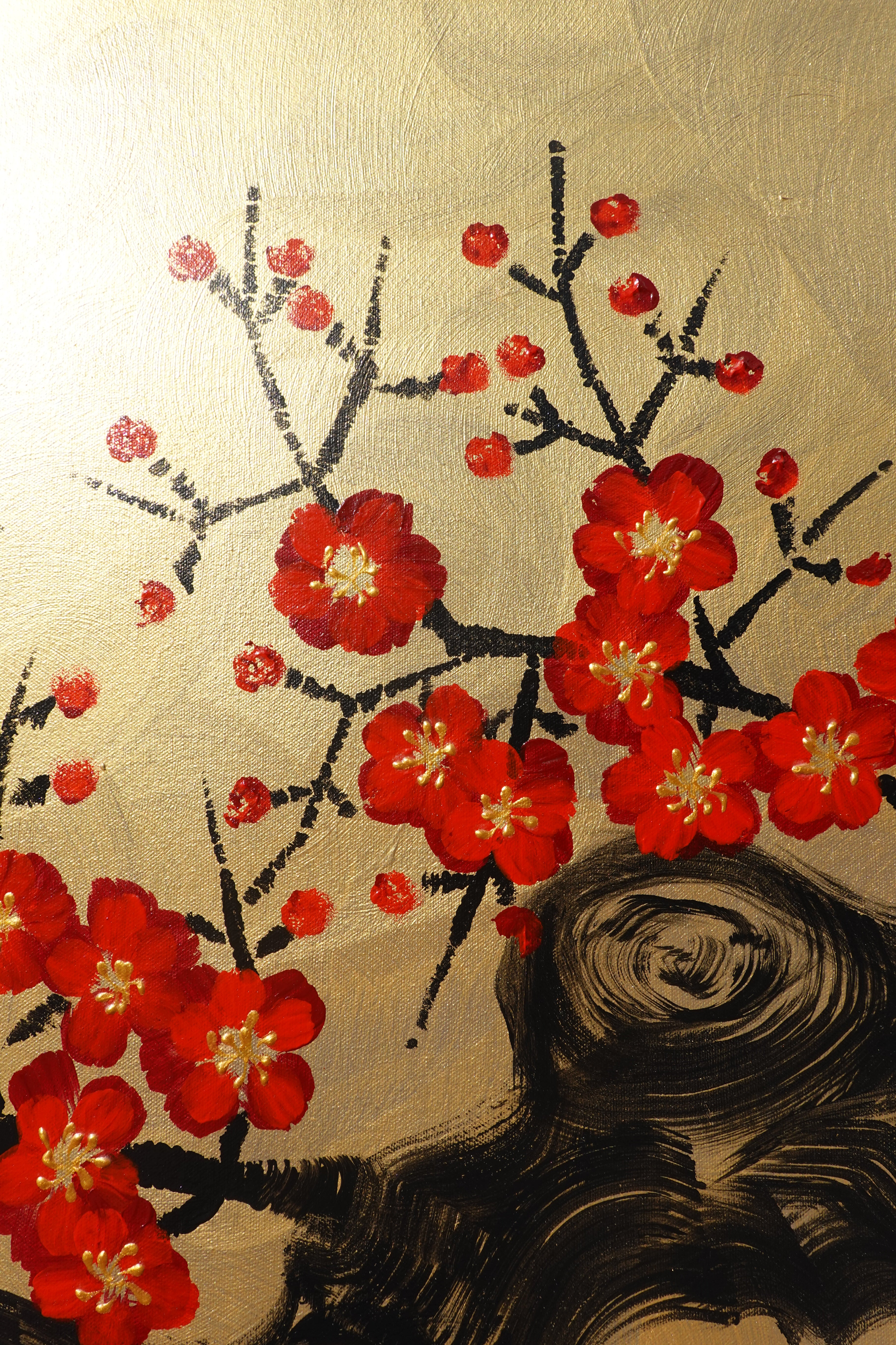 Crane and sakura J484 is a large-scale Japanese-inspired gold Original Acrylic Painting on unstretched canvas by artist Ksavera