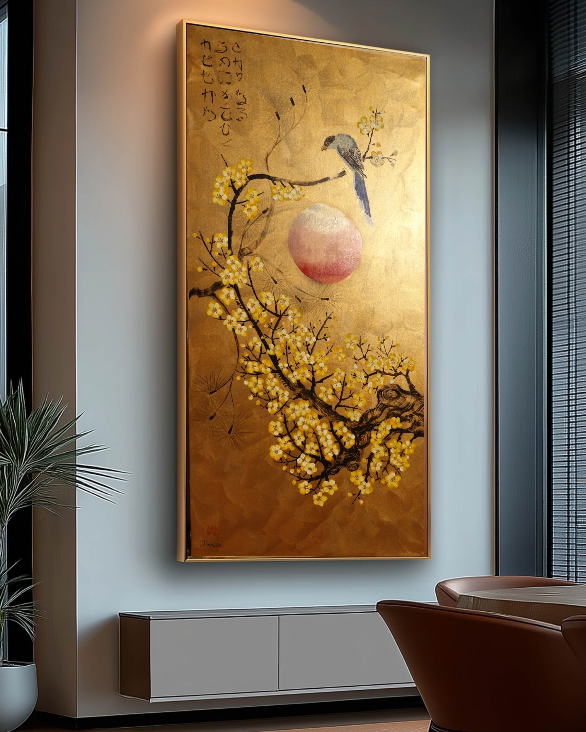 Bird and Sakura J486 — gold Japanese Painting | Large Acrylic on Canvas | Ksavera
