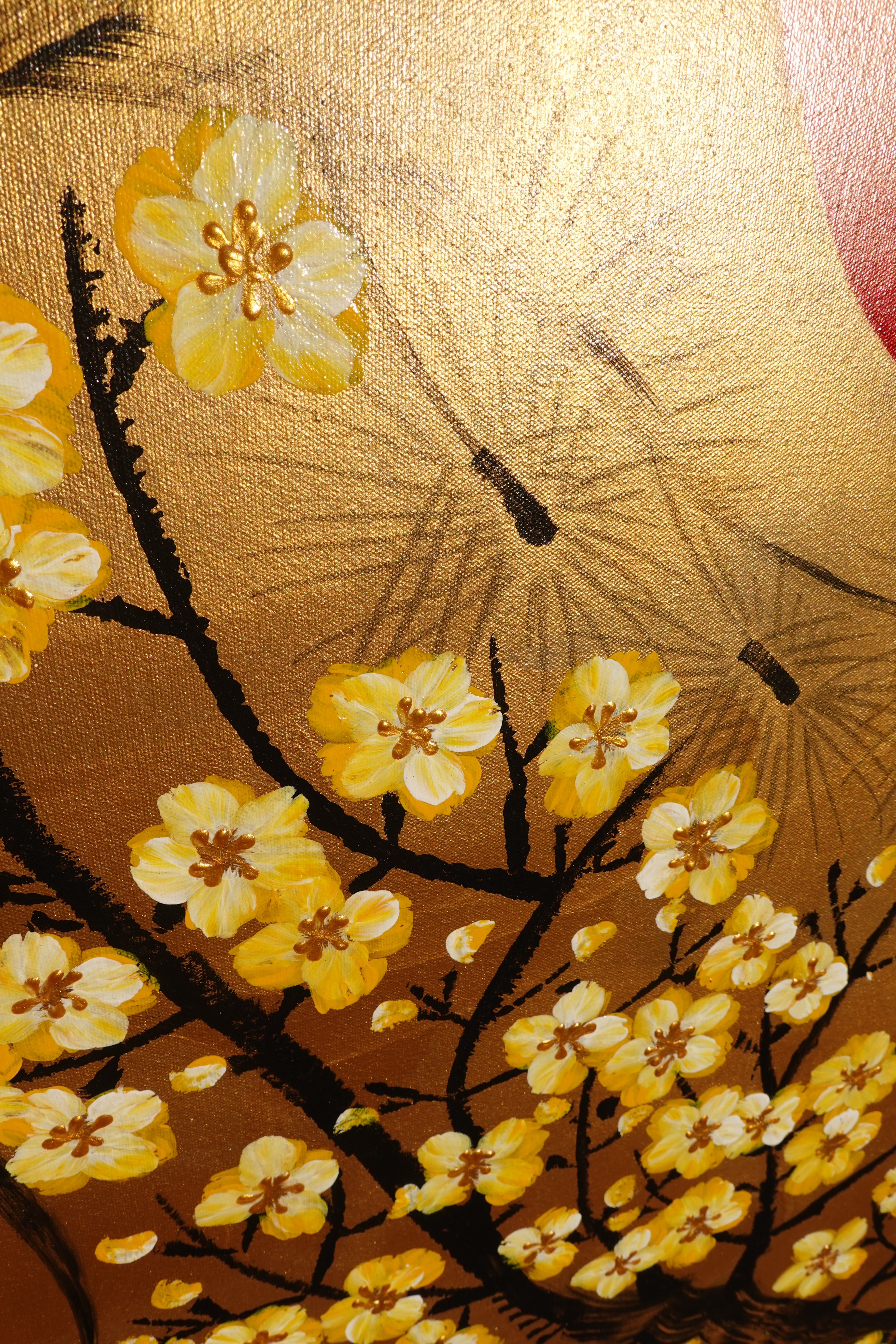 Bird and Sakura J486 — gold Japanese Painting | Large Acrylic on Canvas | Ksavera