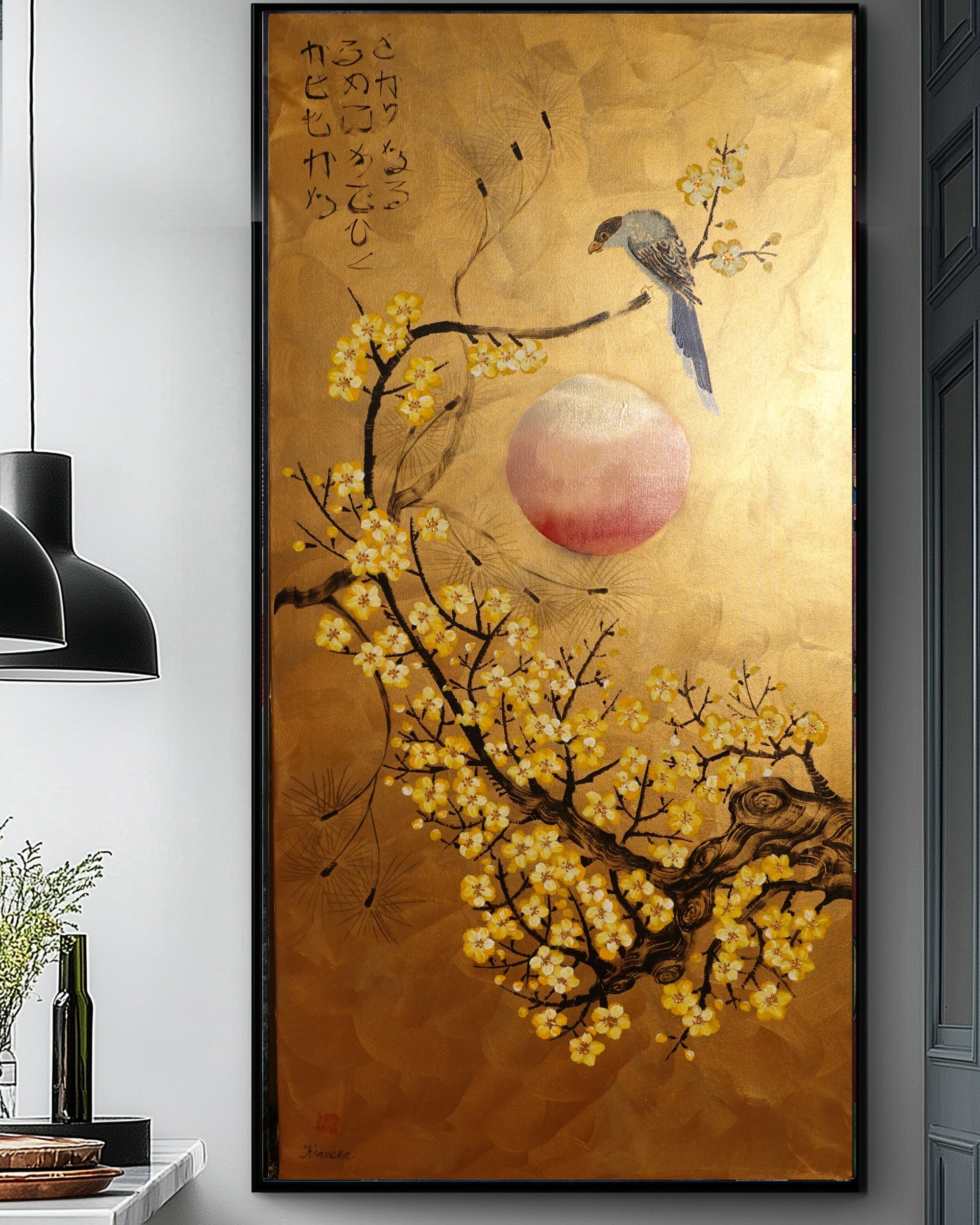 Bird and Sakura J486 — gold Japanese Painting | Large Acrylic on Canvas | Ksavera