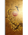 Bird and Sakura J486 — gold Japanese Painting | Large Acrylic on Canvas | Ksavera
