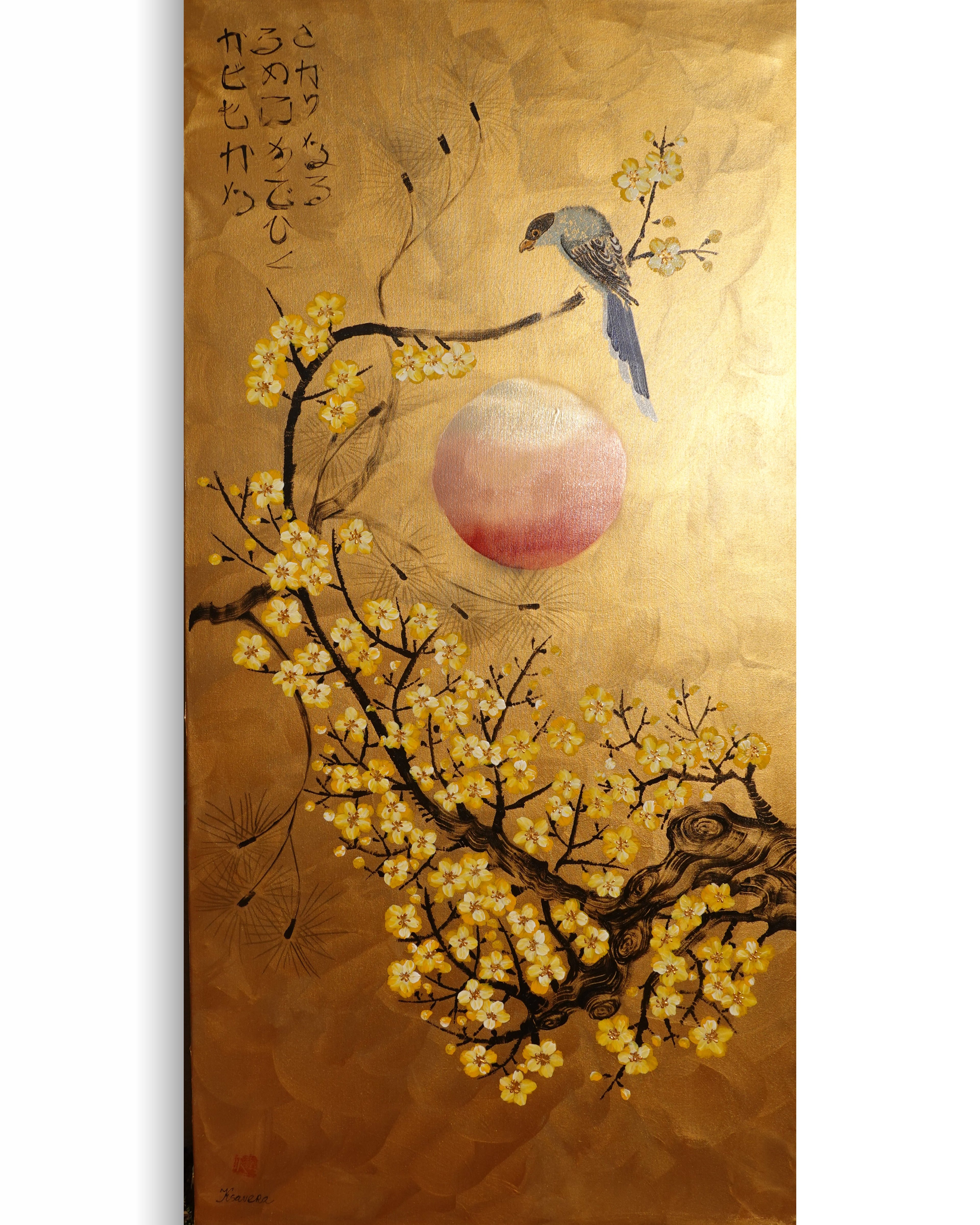 Bird and Sakura J486 — gold Japanese Painting | Large Acrylic on Canvas | Ksavera