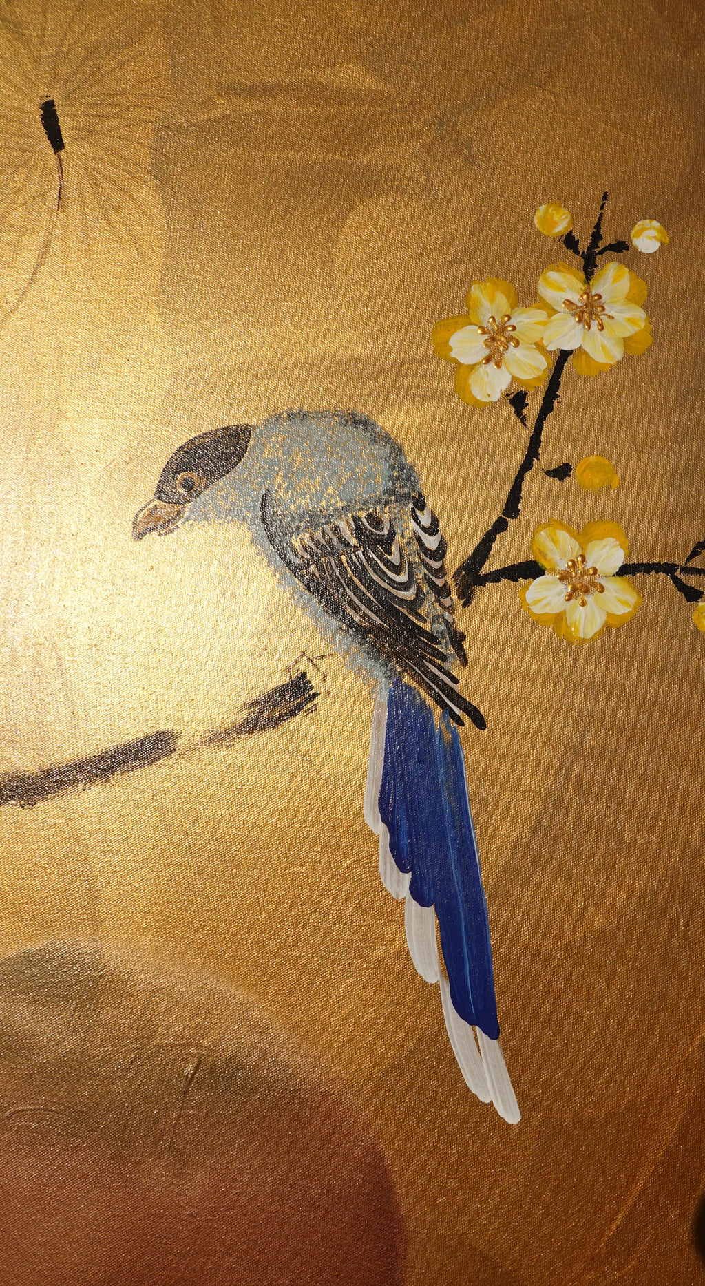 Bird and Sakura J486 — gold Japanese Painting | Large Acrylic on Canvas | Ksavera