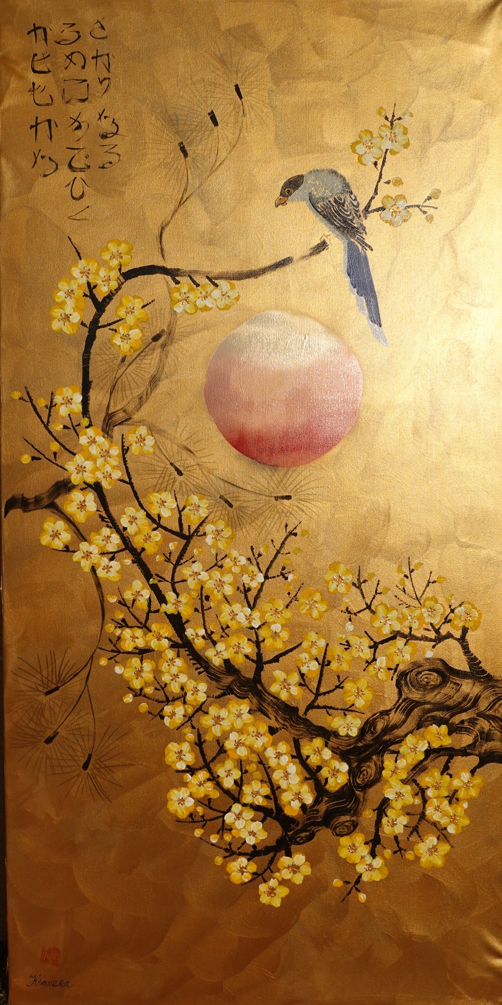 Bird and Sakura J486 — gold Japanese Painting | Large Acrylic on Canvas | Ksavera