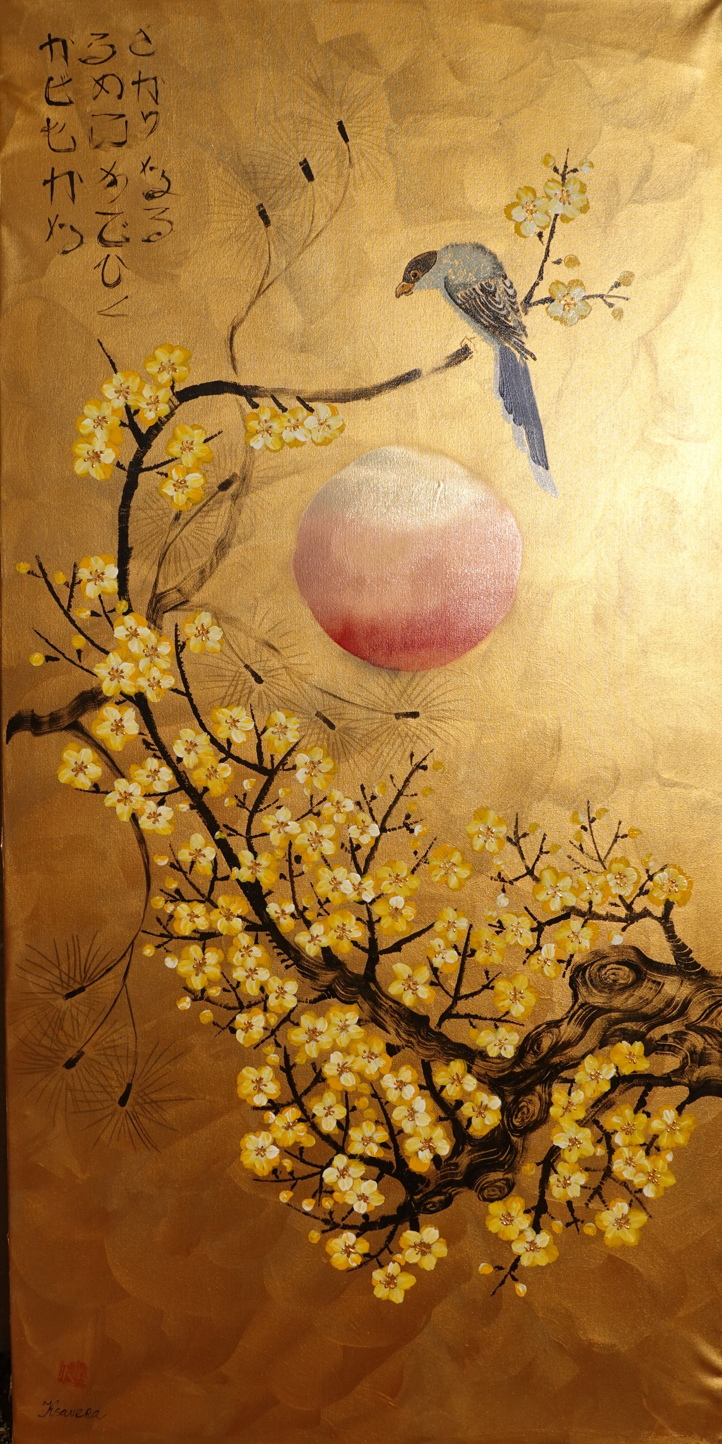 Bird and Sakura J486 — gold Japanese Painting | Large Acrylic on Canvas | Ksavera