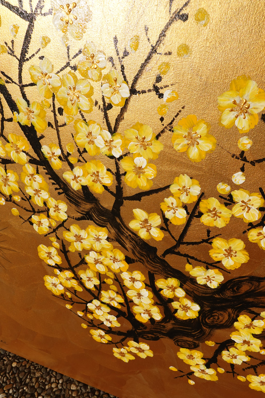 Bird and Sakura J486 — gold Japanese Painting | Large Acrylic on Canvas | Ksavera
