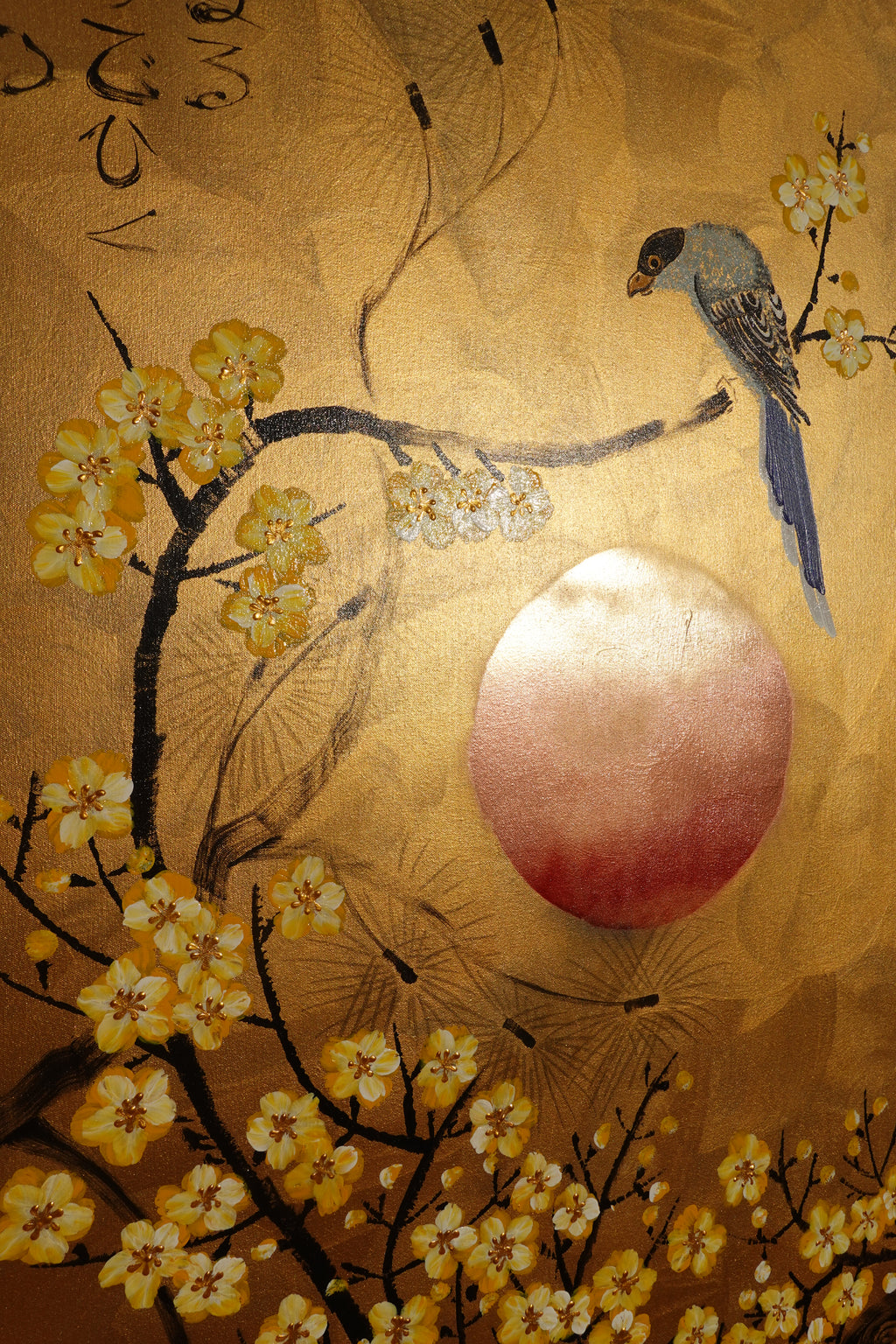 Bird and Sakura J486 — gold Japanese Painting | Large Acrylic on Canvas | Ksavera