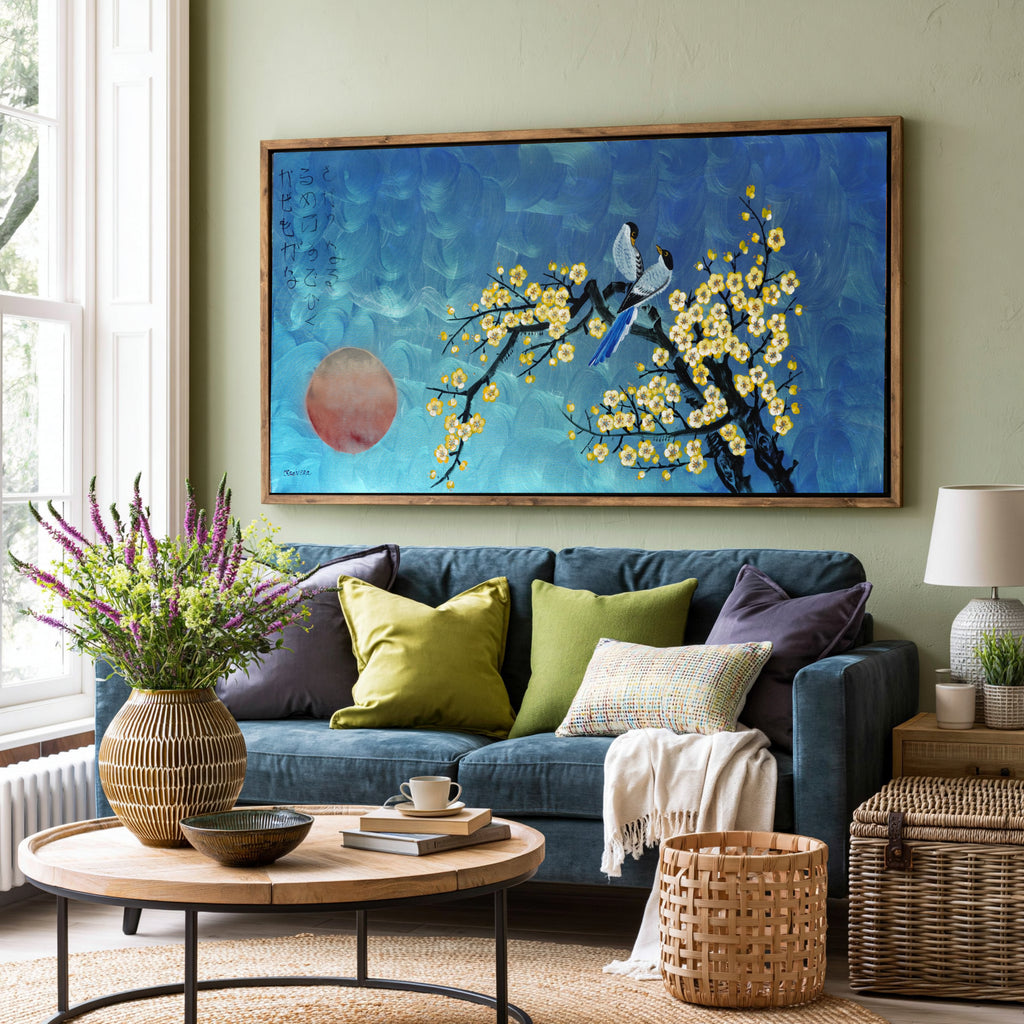 Love Birds and Sakura J489 is a large-scale Japanese-inspired turquoise emerald pearlescent painting.
Original Acrylic Painting on unstretched canvas by artist Ksavera.