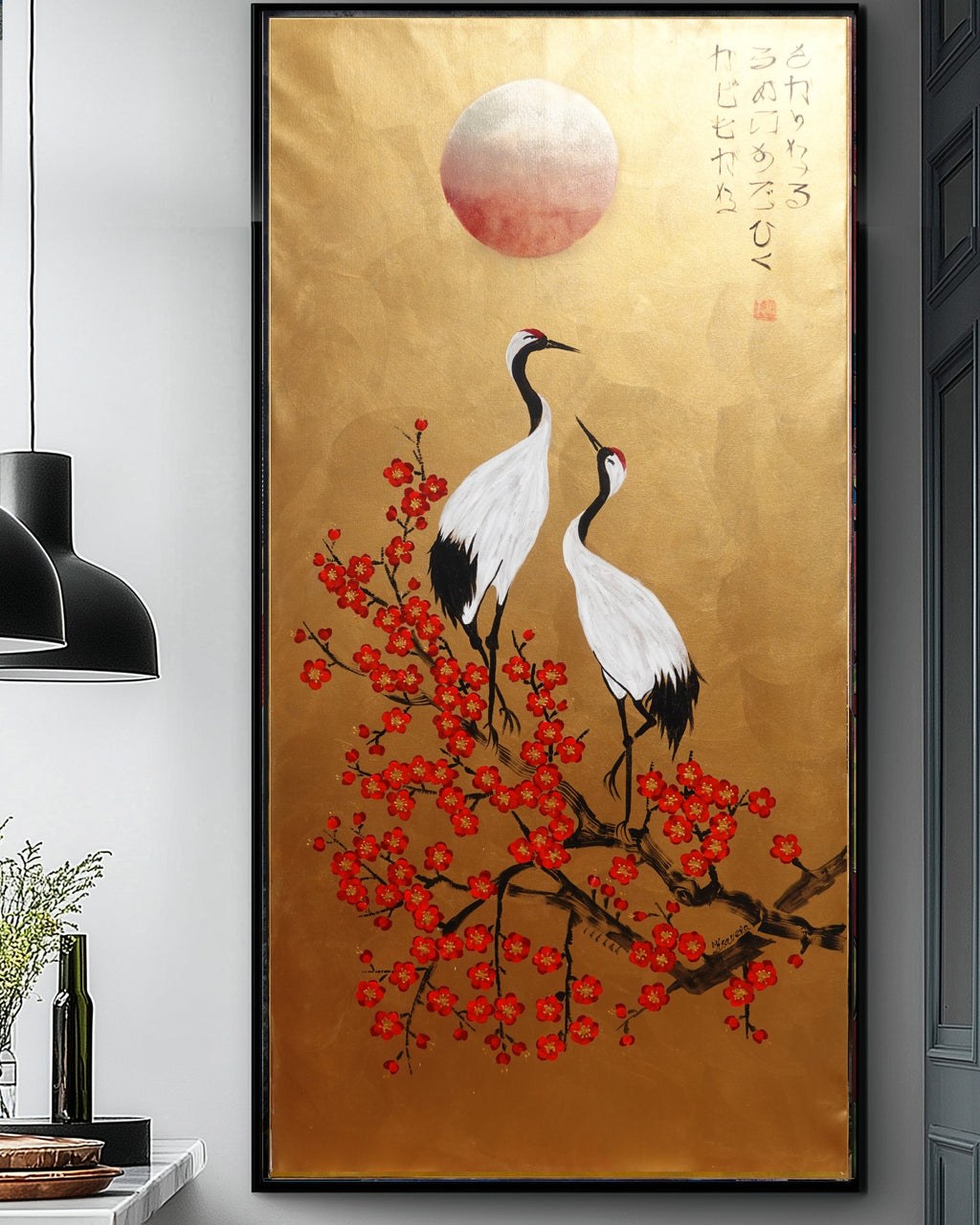 Crane and sakura J492 — gold Japanese Painting | Large Acrylic on Canvas | Ksavera