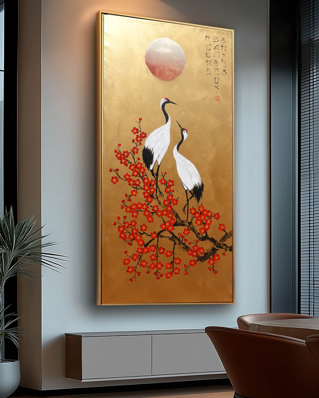 Crane and sakura J492 — gold Japanese Painting | Large Acrylic on Canvas | Ksavera