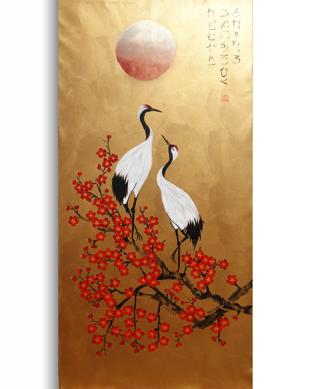 Crane and sakura J492 — gold Japanese Painting | Large Acrylic on Canvas | Ksavera