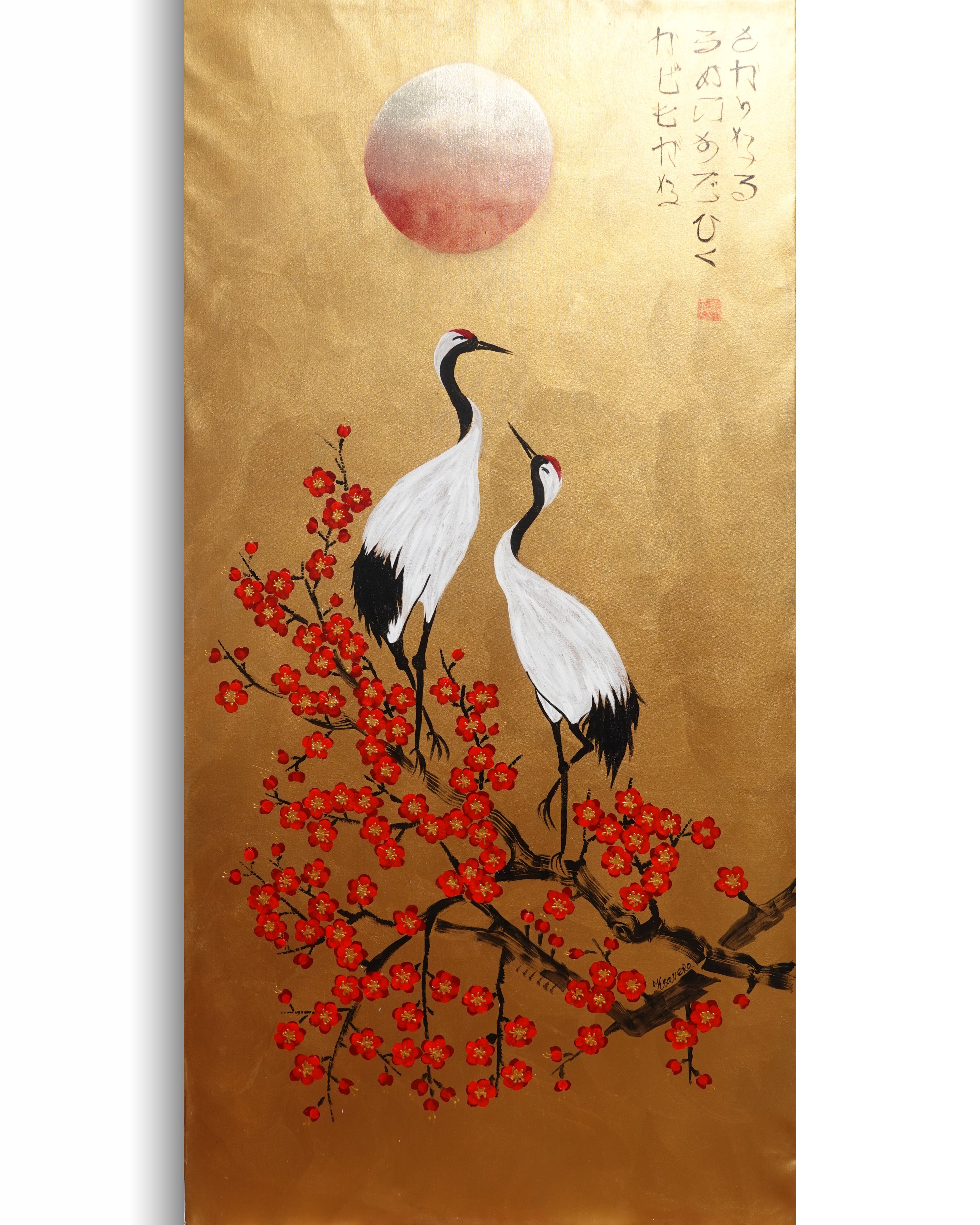 Crane and sakura J492 — gold Japanese Painting | Large Acrylic on Canvas | Ksavera