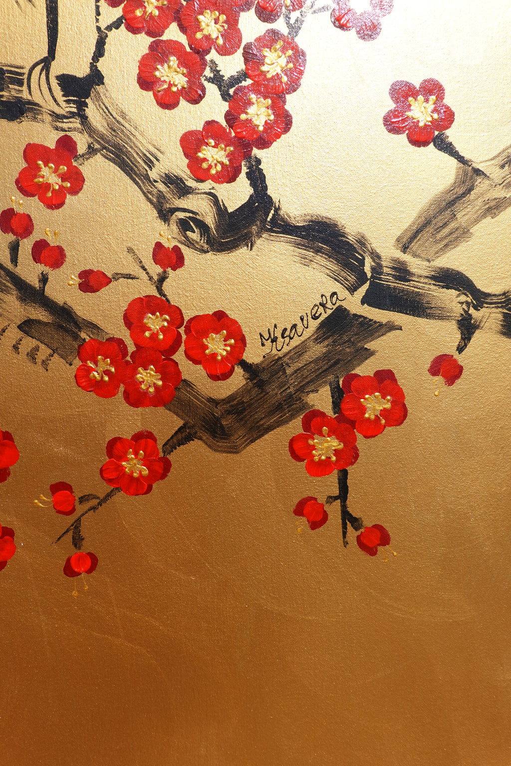 Crane and sakura J492 — gold Japanese Painting | Large Acrylic on Canvas | Ksavera