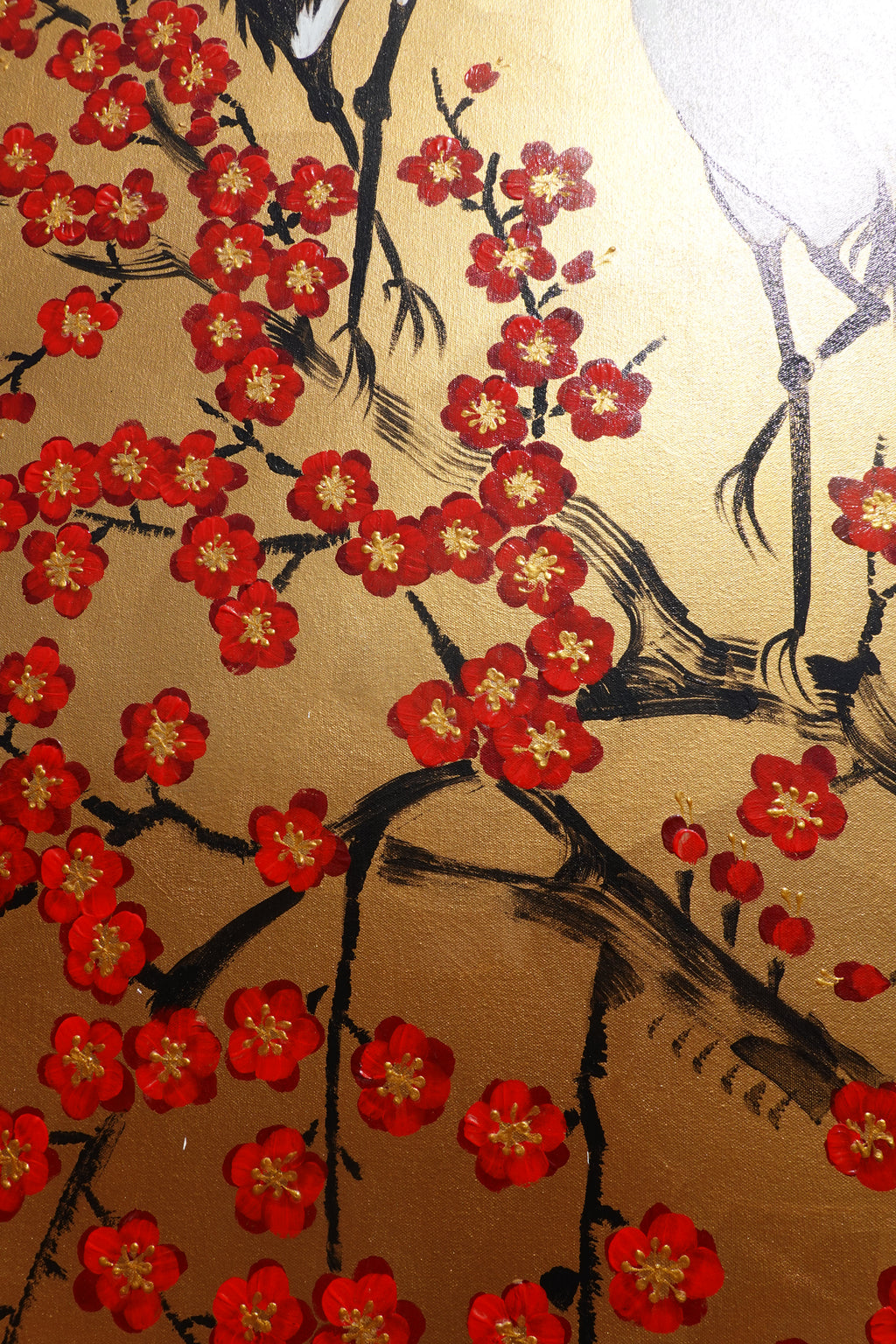 Crane and sakura J492 — gold Japanese Painting | Large Acrylic on Canvas | Ksavera