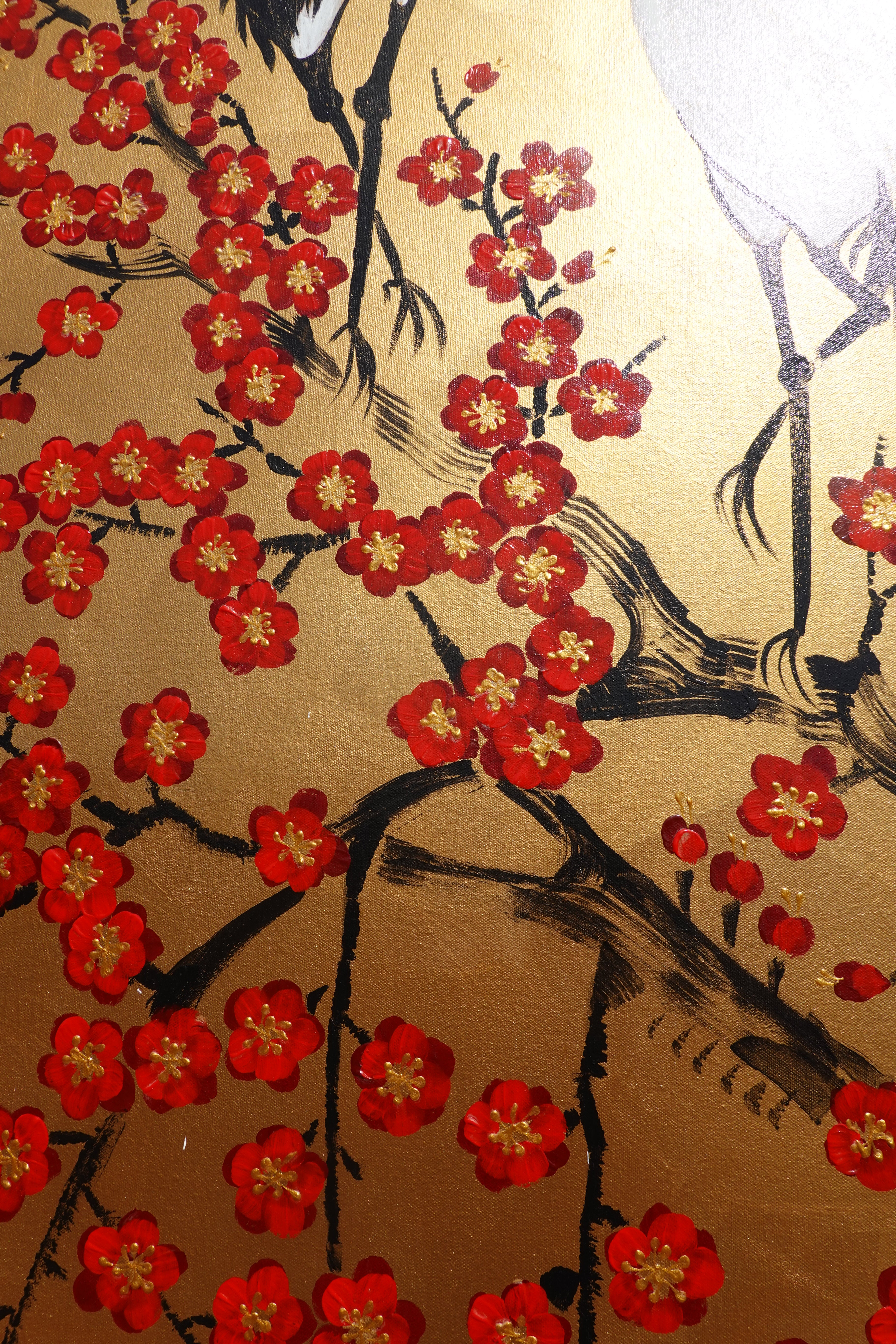 Crane and sakura J492 — gold Japanese Painting | Large Acrylic on Canvas | Ksavera