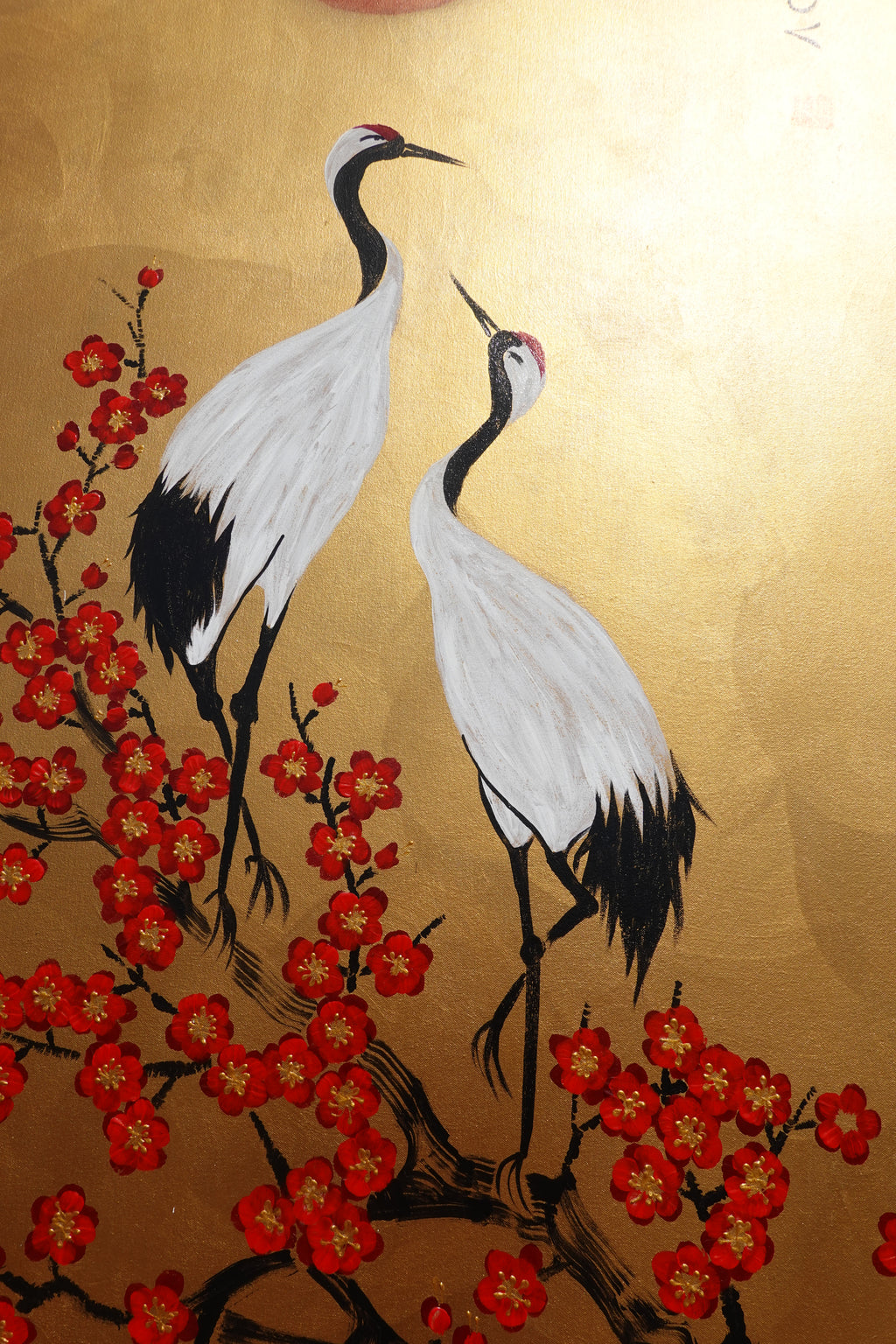 Crane and sakura J492 — gold Japanese Painting | Large Acrylic on Canvas | Ksavera