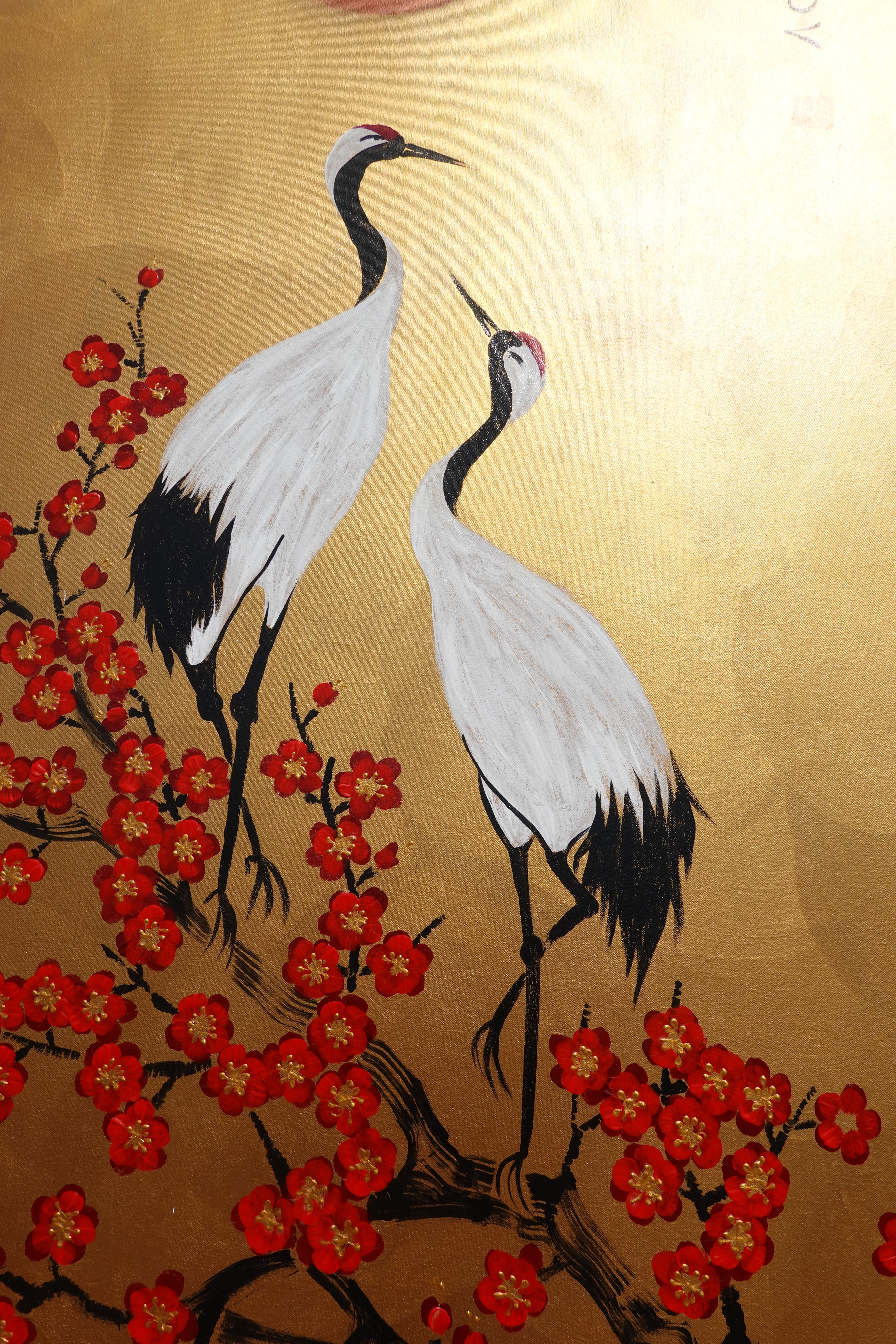 Crane and sakura J492 — gold Japanese Painting | Large Acrylic on Canvas | Ksavera