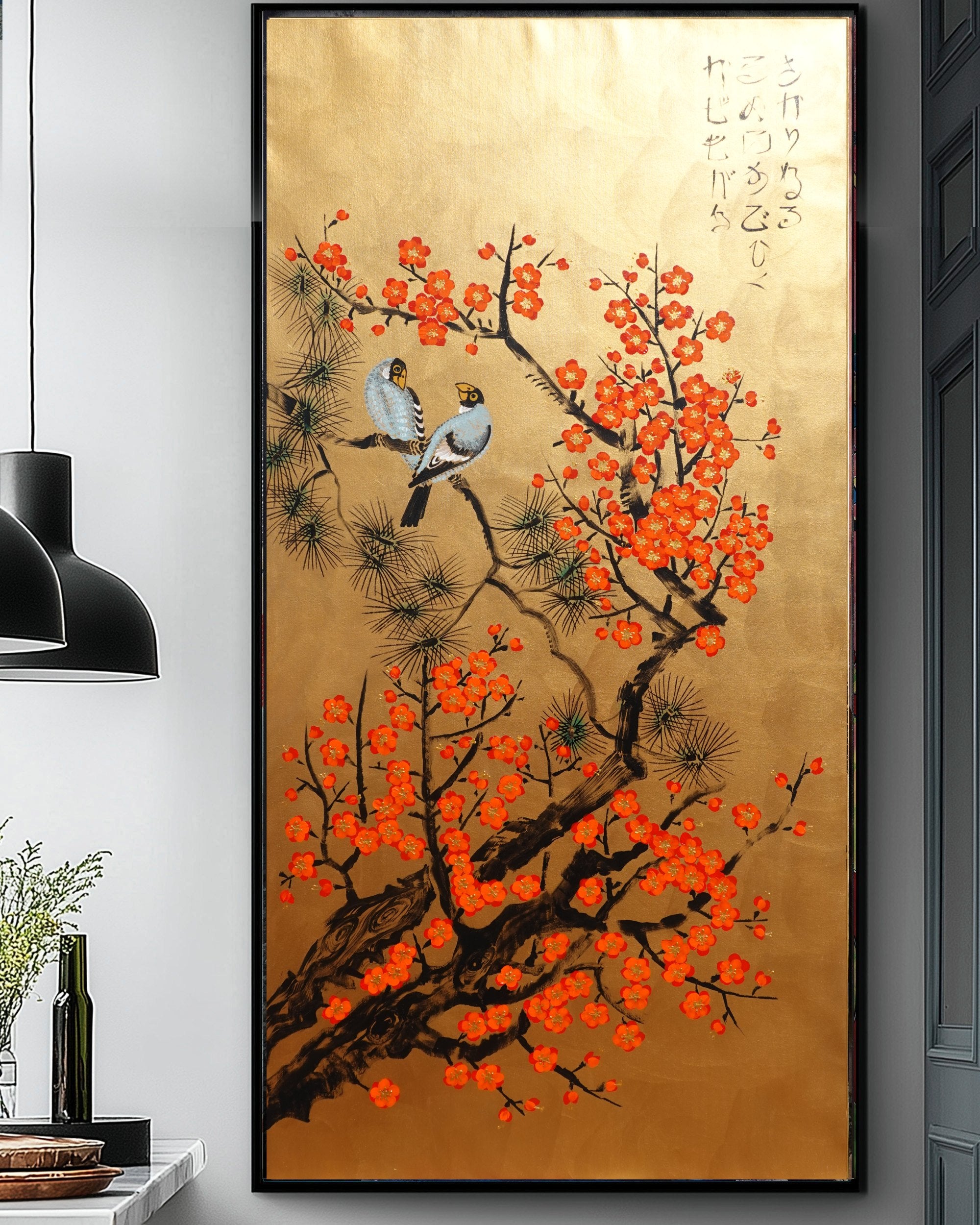 Love Birds and Sakura J493 — gold Japanese Painting | Large Acrylic on Canvas | Ksavera