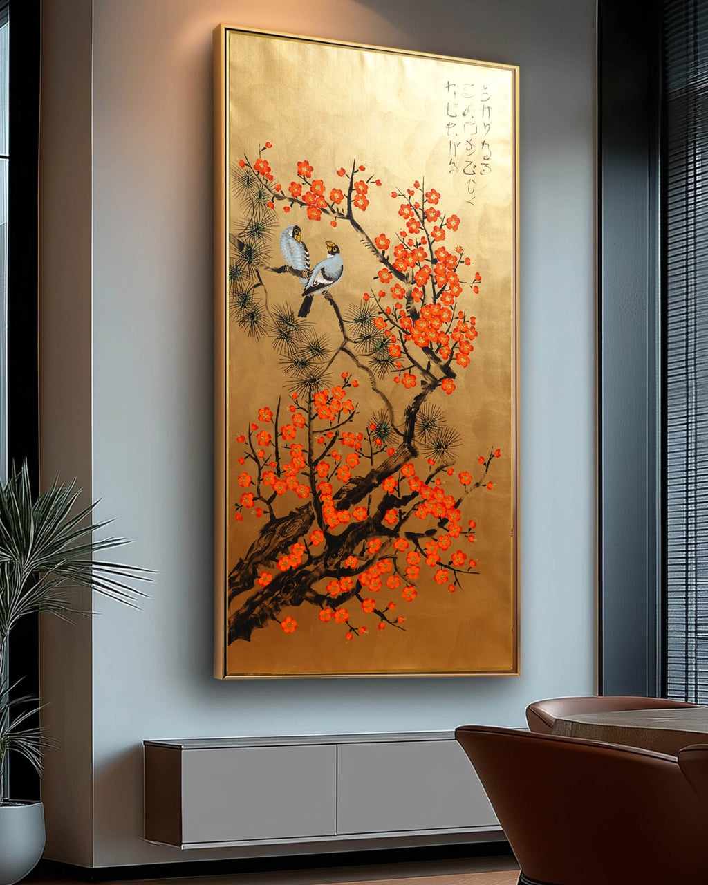 Love Birds and Sakura J493 — gold Japanese Painting | Large Acrylic on Canvas | Ksavera
