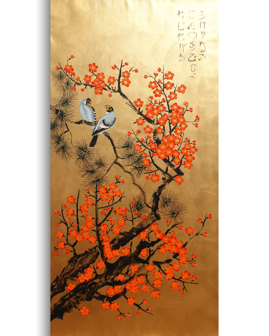 Love Birds and Sakura J493 — gold Japanese Painting | Large Acrylic on Canvas | Ksavera