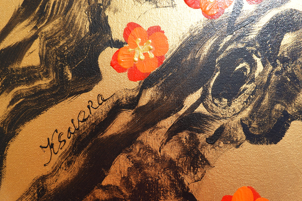 Love Birds and Sakura J493 — gold Japanese Painting | Large Acrylic on Canvas | Ksavera