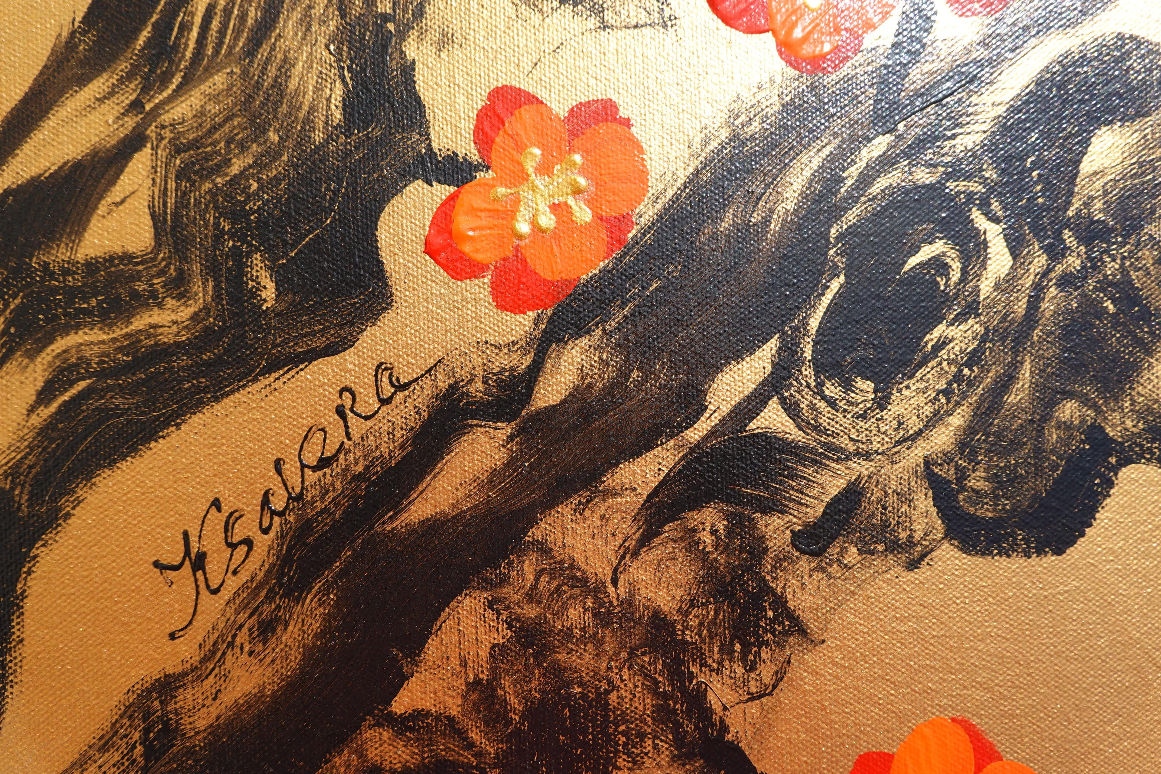 Love Birds and Sakura J493 — gold Japanese Painting | Large Acrylic on Canvas | Ksavera
