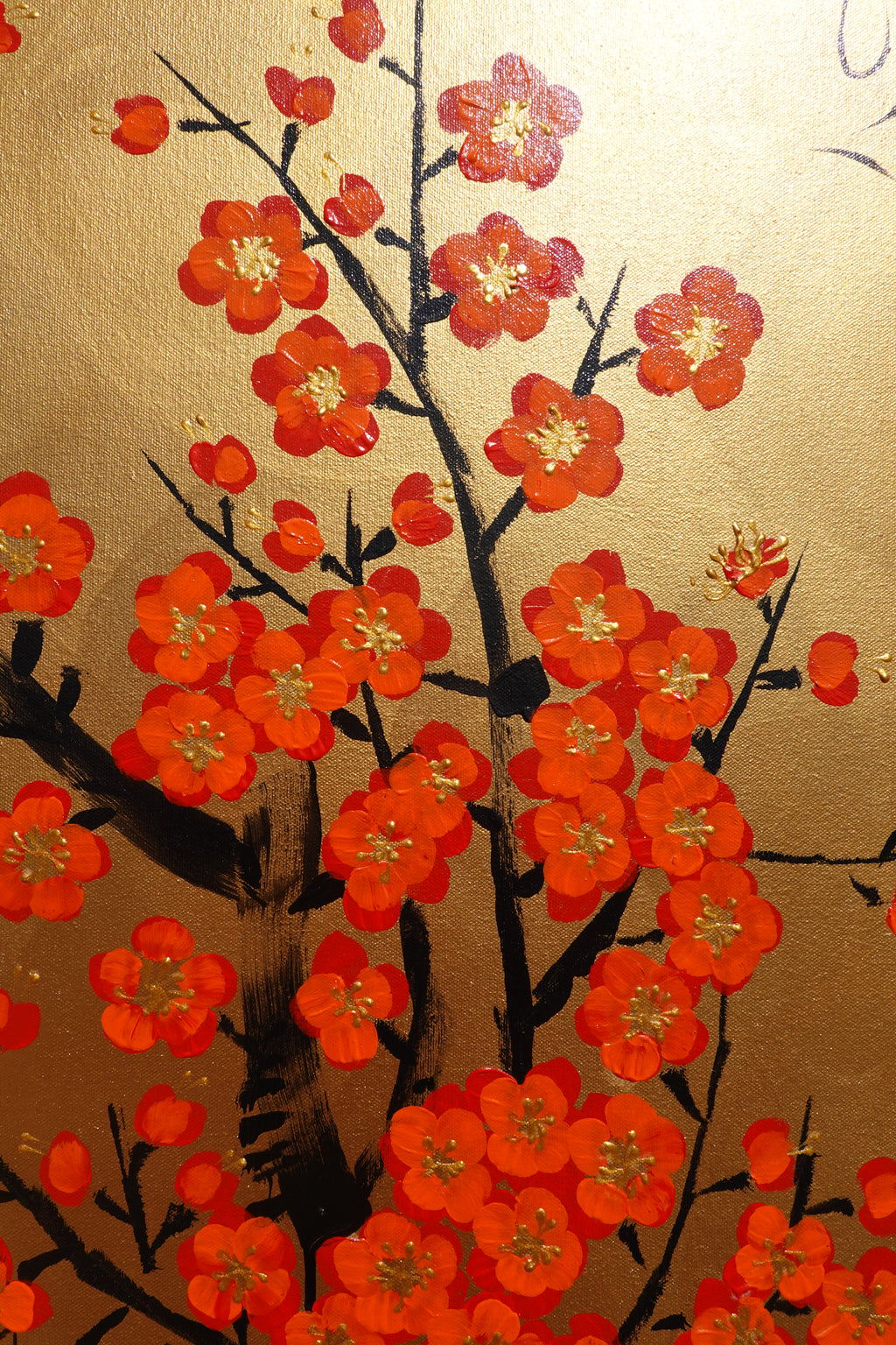 Love Birds and Sakura J493 — gold Japanese Painting | Large Acrylic on Canvas | Ksavera
