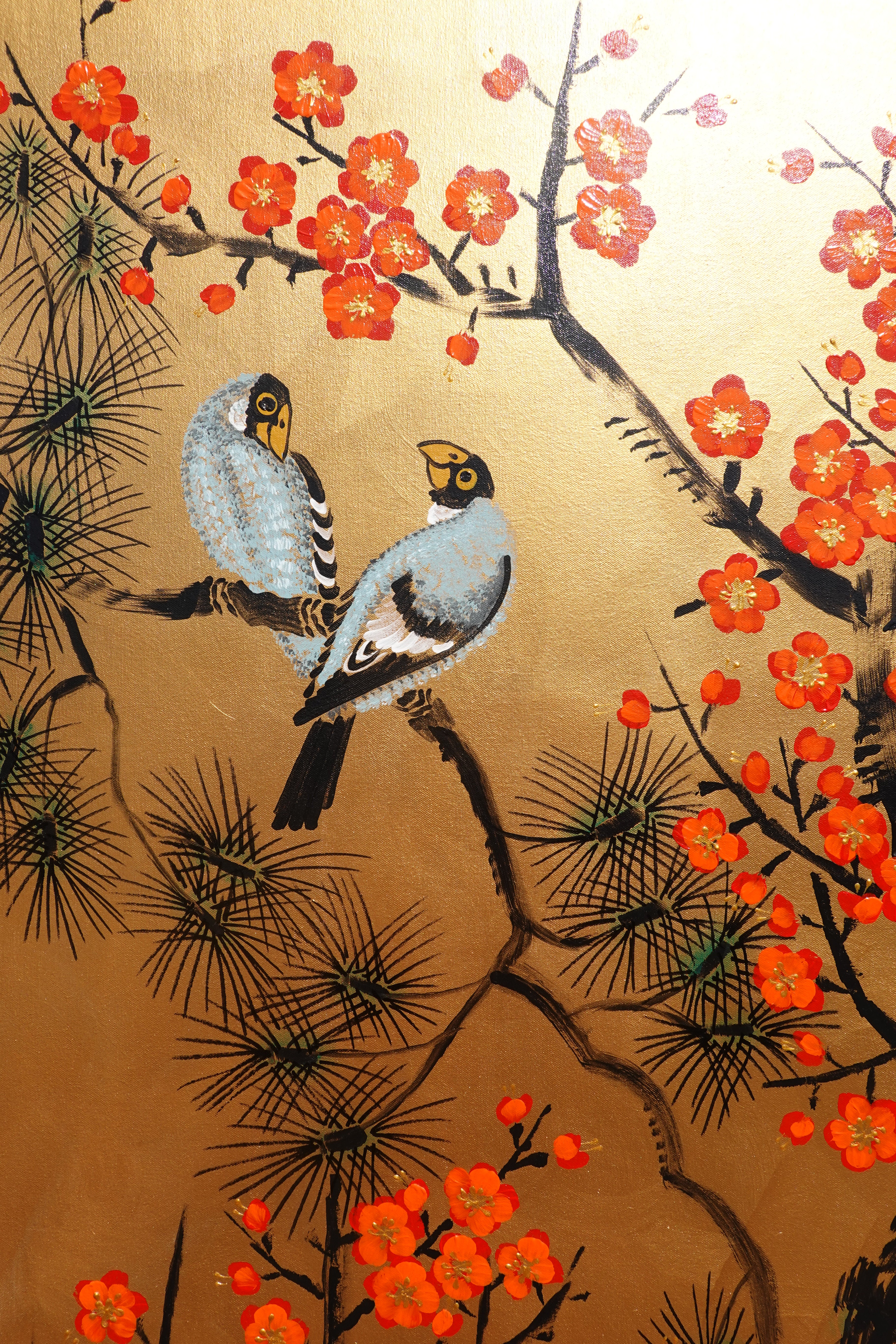 Love Birds and Sakura J493 — gold Japanese Painting | Large Acrylic on Canvas | Ksavera
