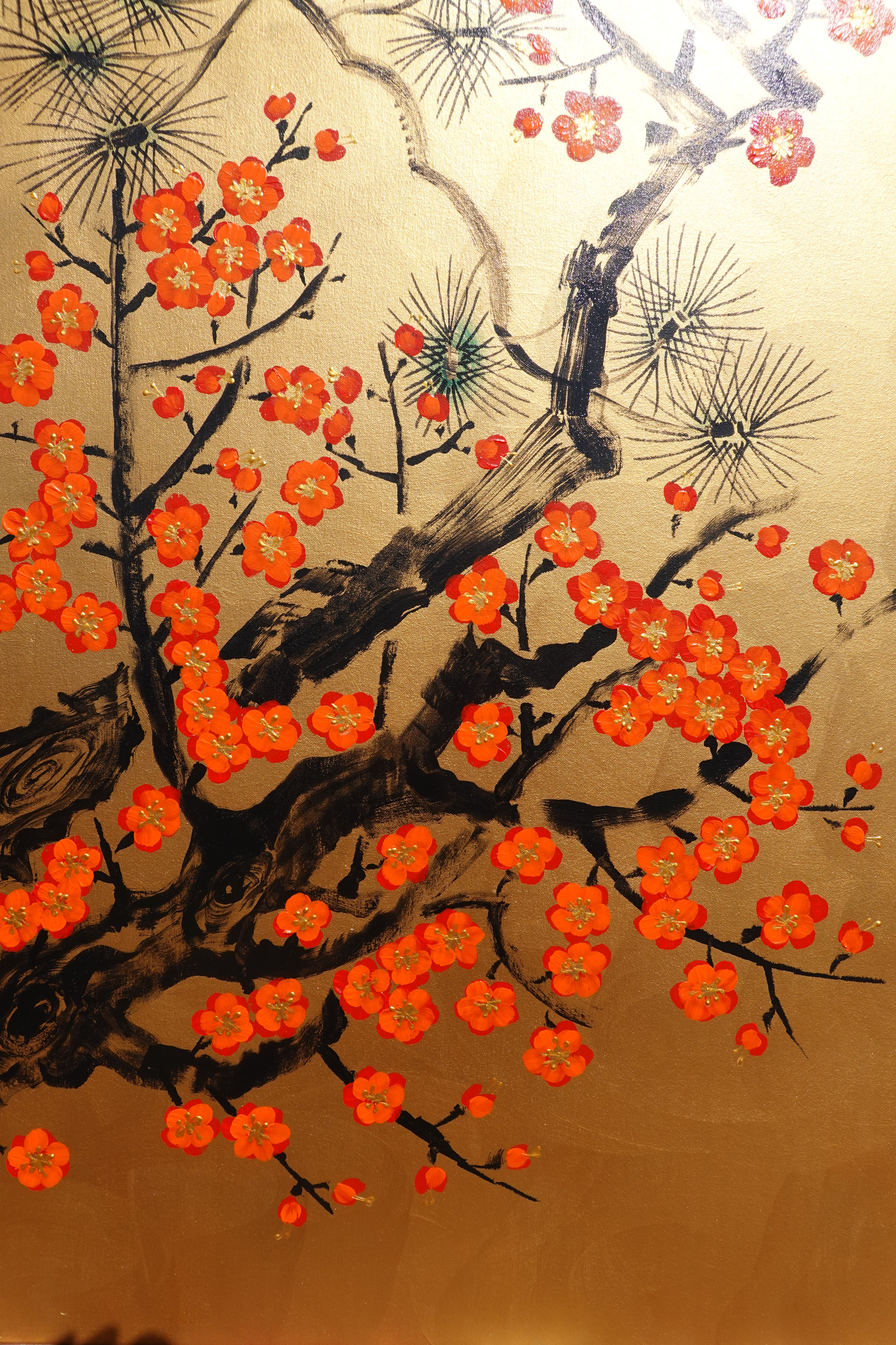 Love Birds and Sakura J493 — gold Japanese Painting | Large