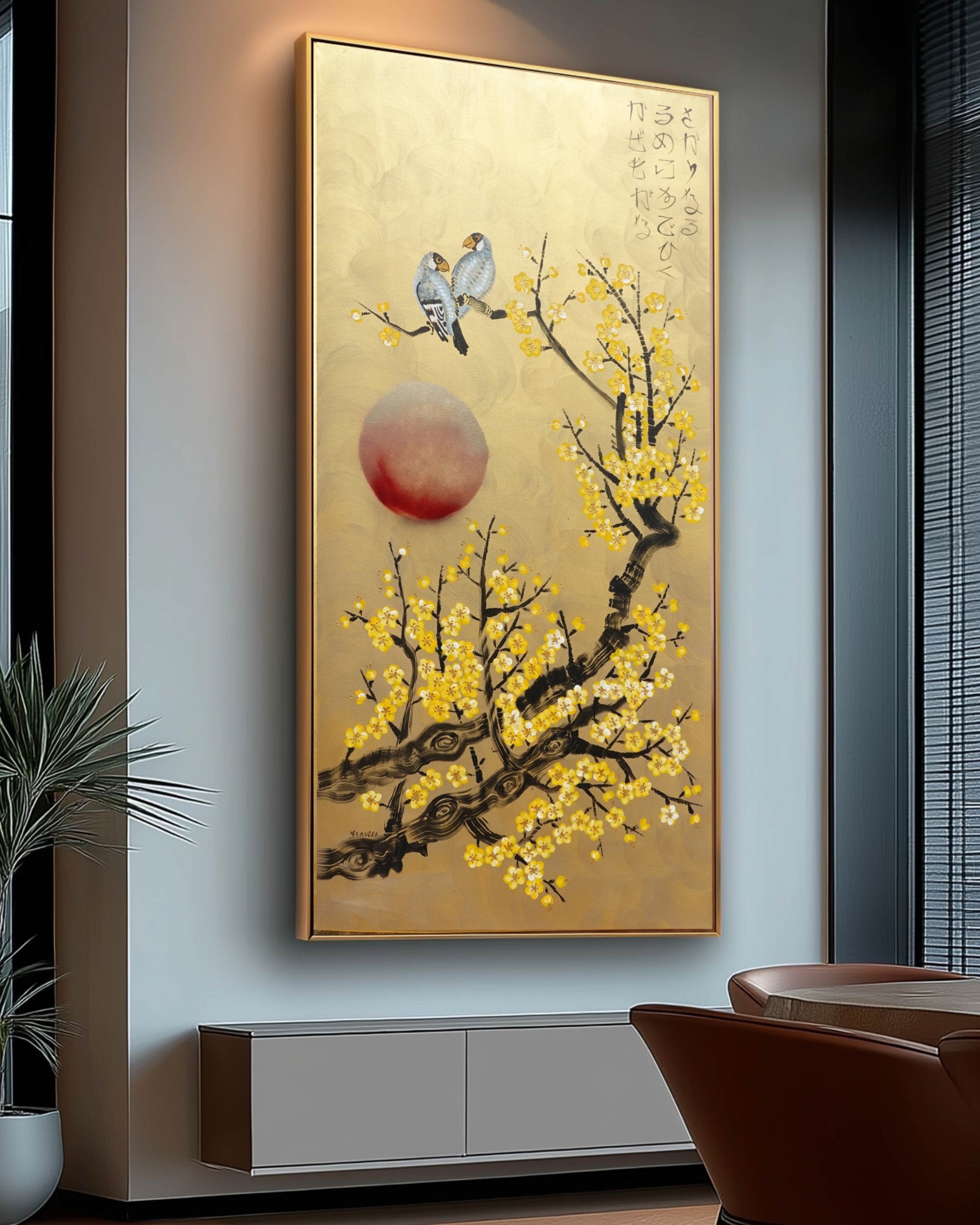 Love Birds and Sakura J497 — gold Japanese Painting | Large Acrylic on Canvas | Ksavera