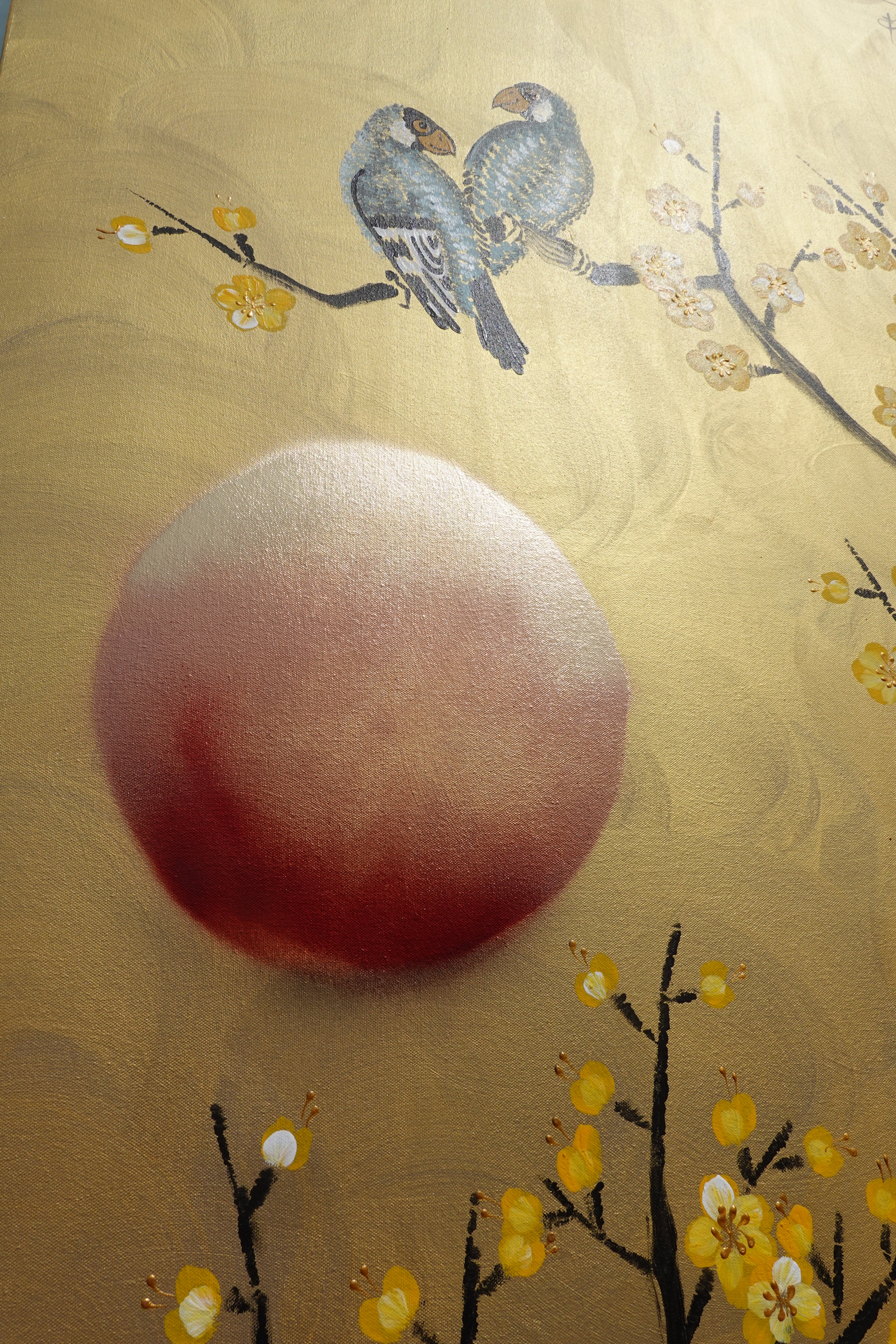 Love Birds and Sakura J497 — gold Japanese Painting | Large Acrylic on Canvas | Ksavera