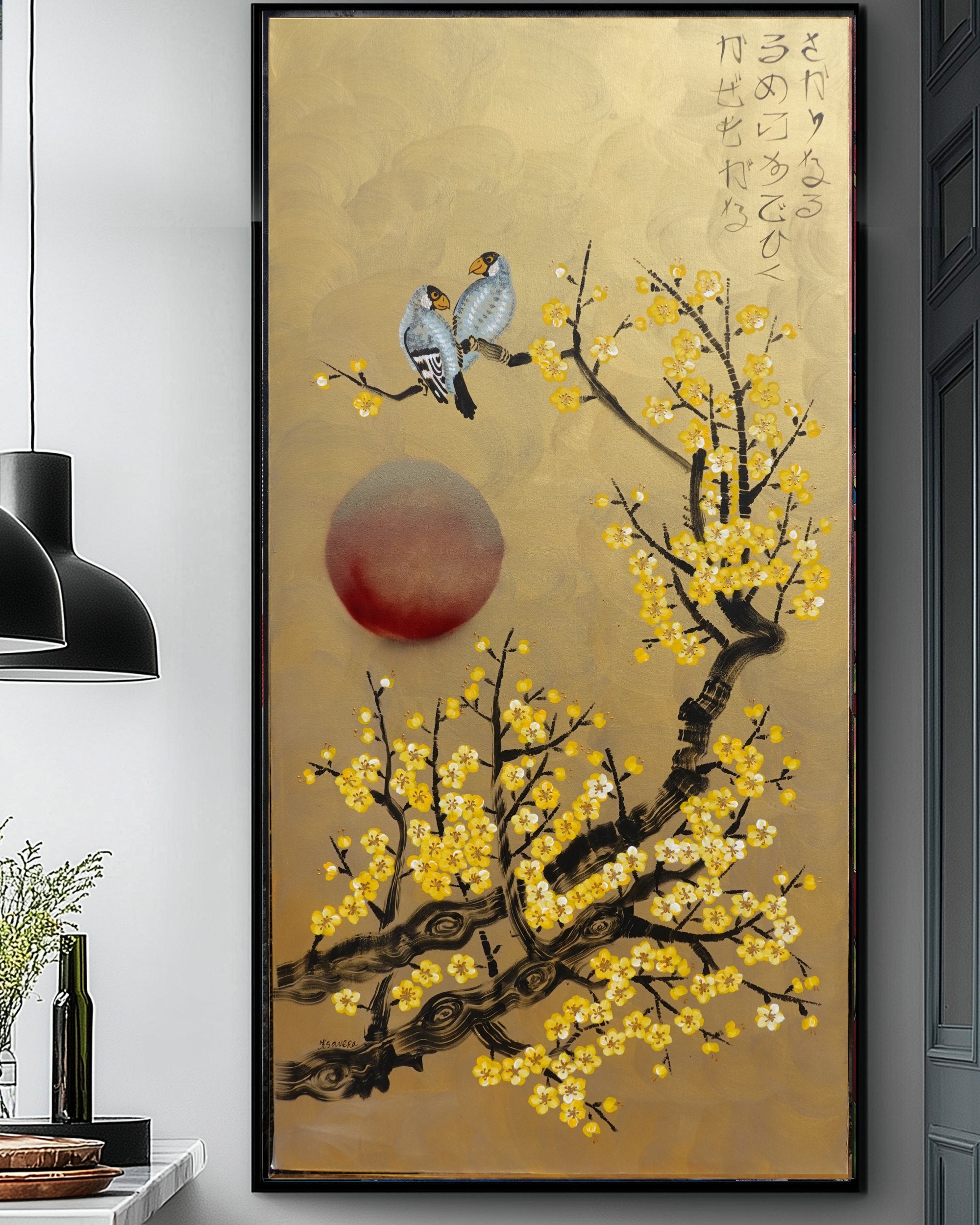 Love Birds and Sakura J497 — gold Japanese Painting | Large Acrylic on Canvas | Ksavera
