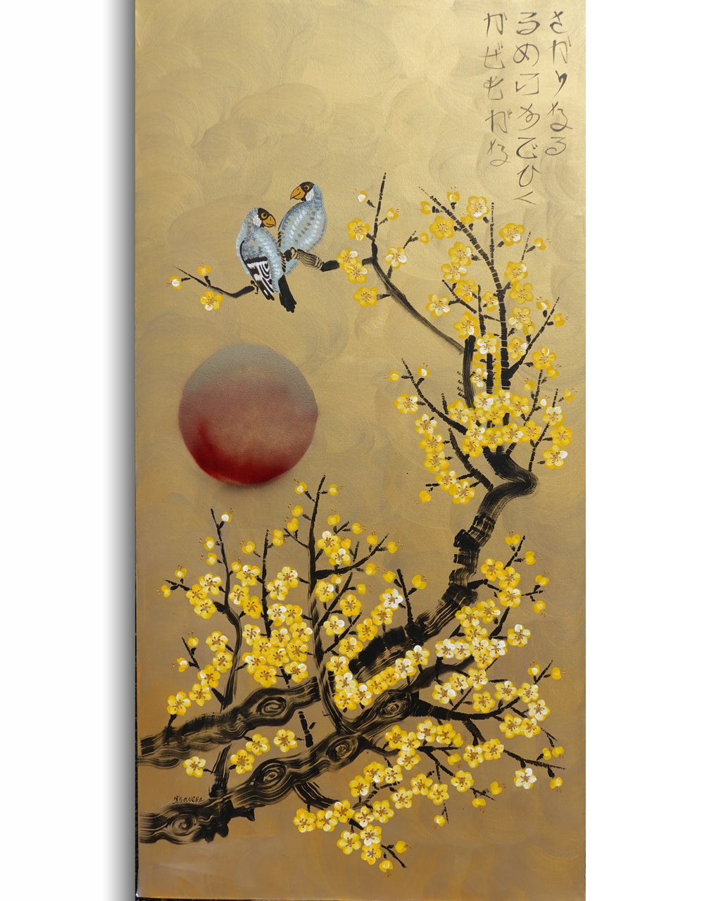 Love Birds and Sakura J497 — gold Japanese Painting | Large Acrylic on Canvas | Ksavera