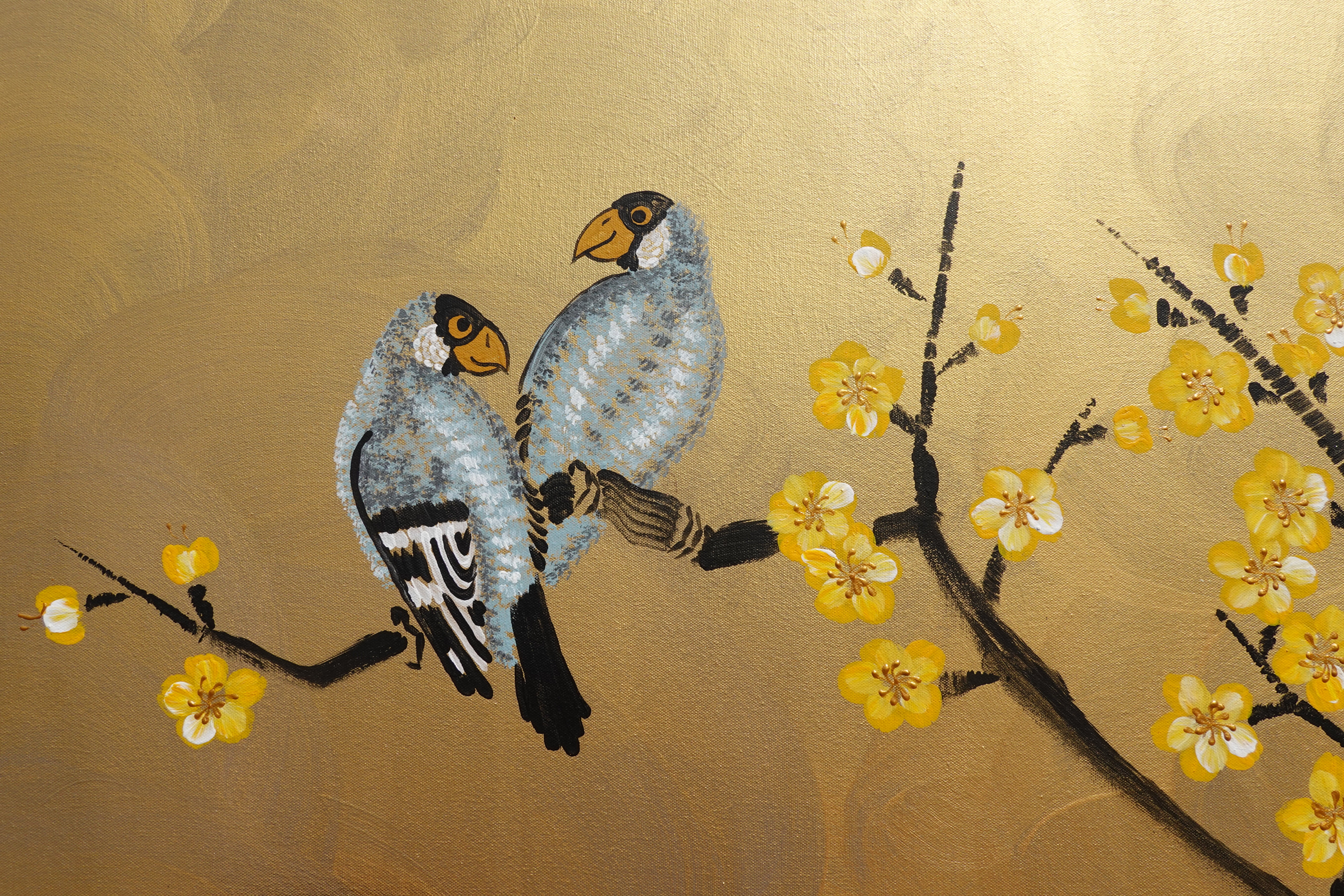 Love Birds and Sakura J497 — gold Japanese Painting | Large