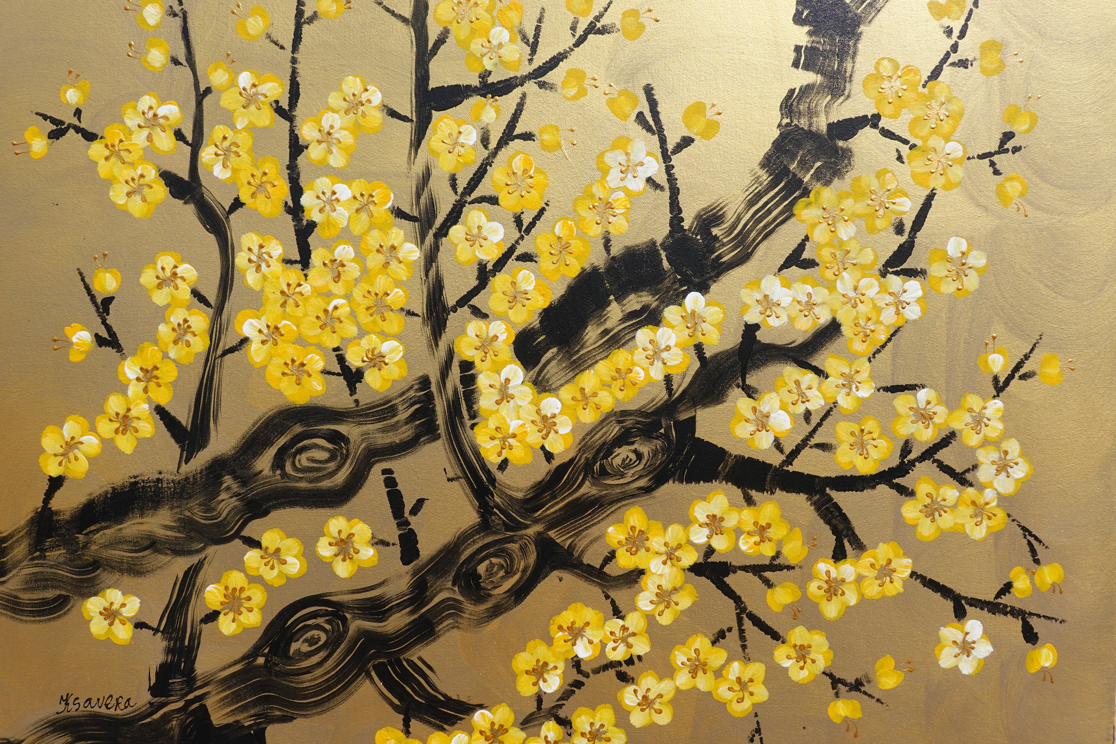 Love Birds and Sakura J497 — gold Japanese Painting | Large Acrylic on Canvas | Ksavera