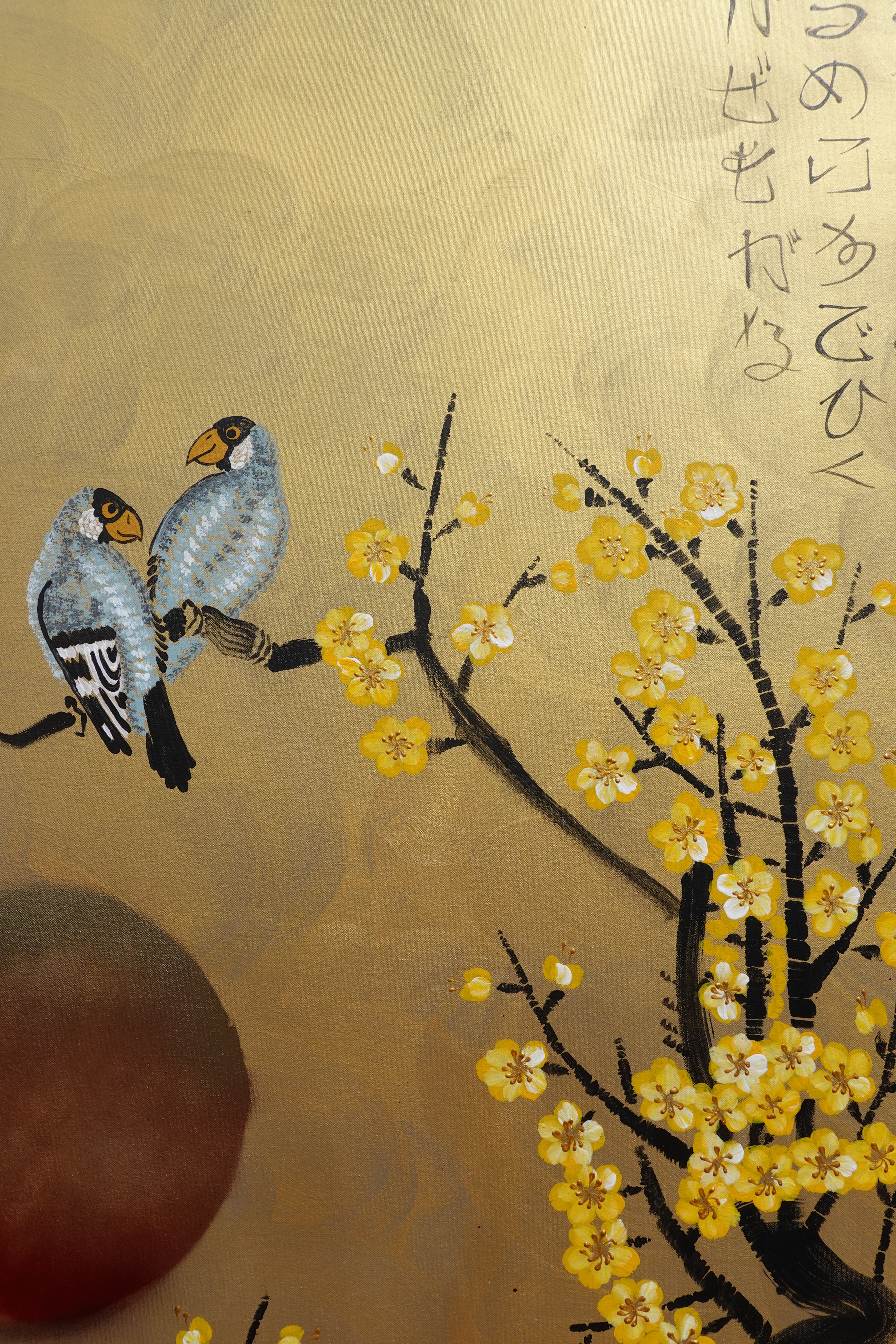 Love Birds and Sakura J497 — gold Japanese Painting | Large Acrylic on Canvas | Ksavera